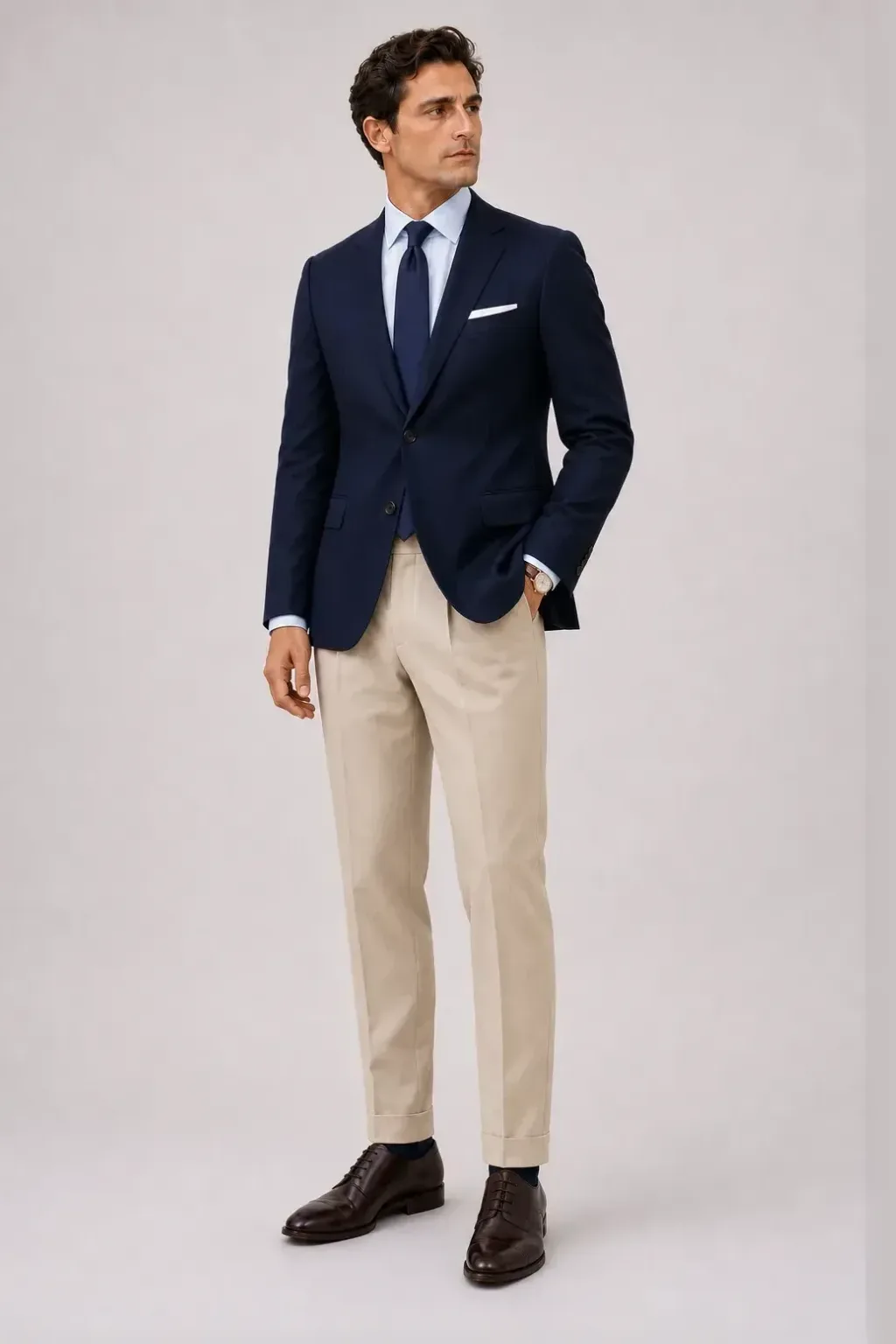 Sakko Navy über Business-Hemd, dazu Bundfaltenhose Beige und Derby