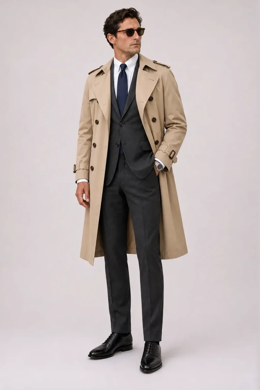 Trenchcoat Beige über Woll-Sakko, dazu Anzughose Wolle Dunkelgrau und Oxford