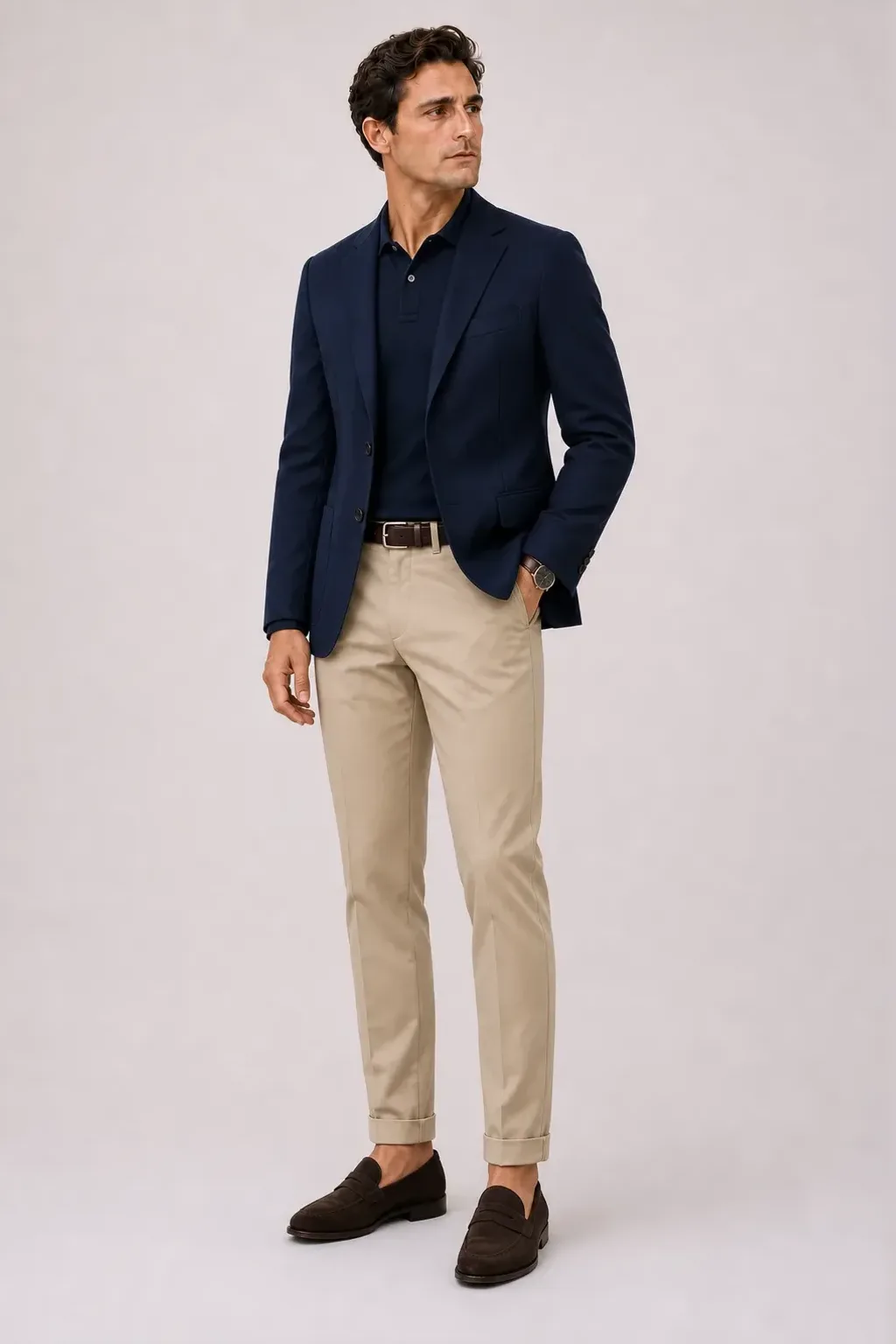 Sakko Navy über Poloshirt, dazu Chino Beige und Penny Loafer Wildleder