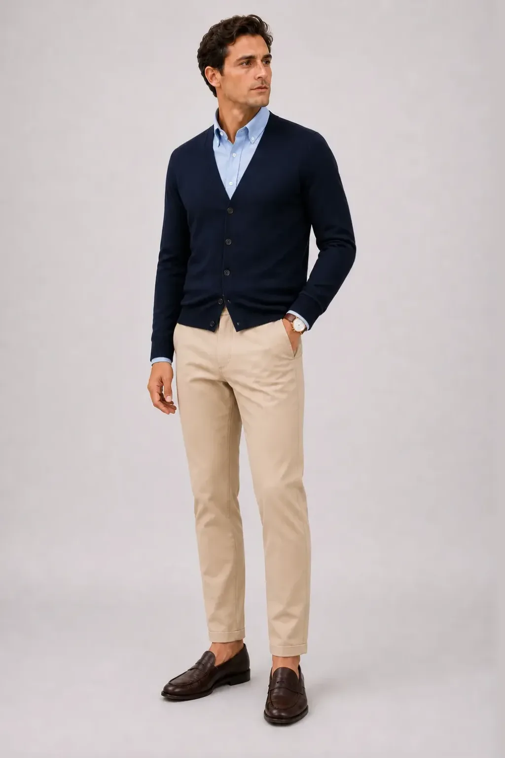 Cardigan Navy über Button-Down-Hemd, dazu Chino Beige und Penny Loafer
