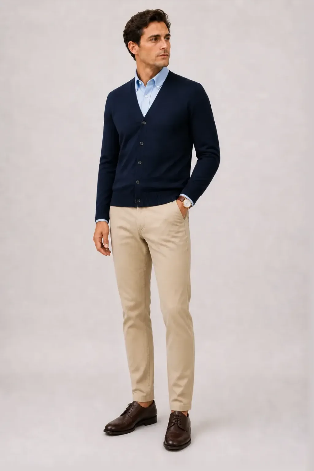 Cardigan Navy über Button-Down-Hemd, dazu Chino Beige und Penny Loafer