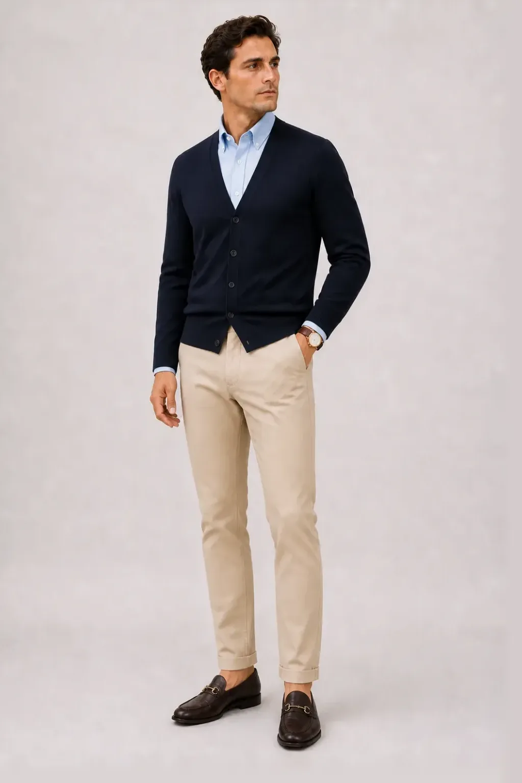 Cardigan Navy über Button-Down-Hemd, dazu Chino Beige und Penny Loafer — Horsebit Loafer Dunkelbraun
