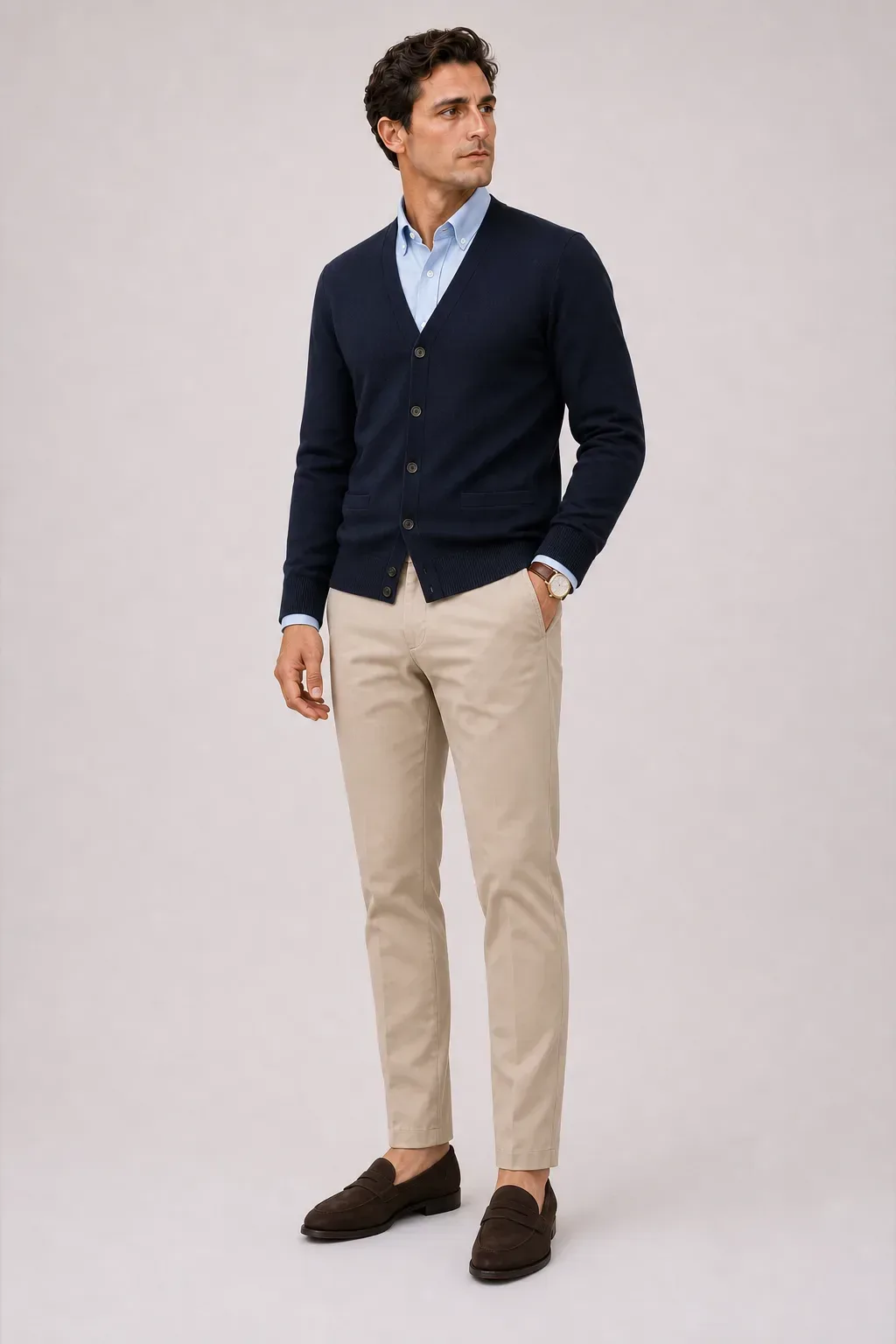 Cardigan Navy über Button-Down-Hemd, dazu Chino Beige und Penny Loafer — Penny Loafer Wildleder Dunkelbraun