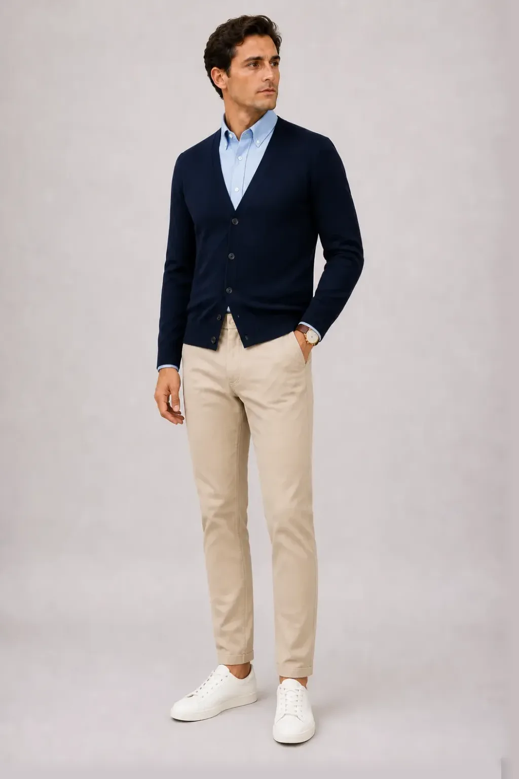 Cardigan Navy über Button-Down-Hemd, dazu Chino Beige und Penny Loafer — Sneaker Weiss