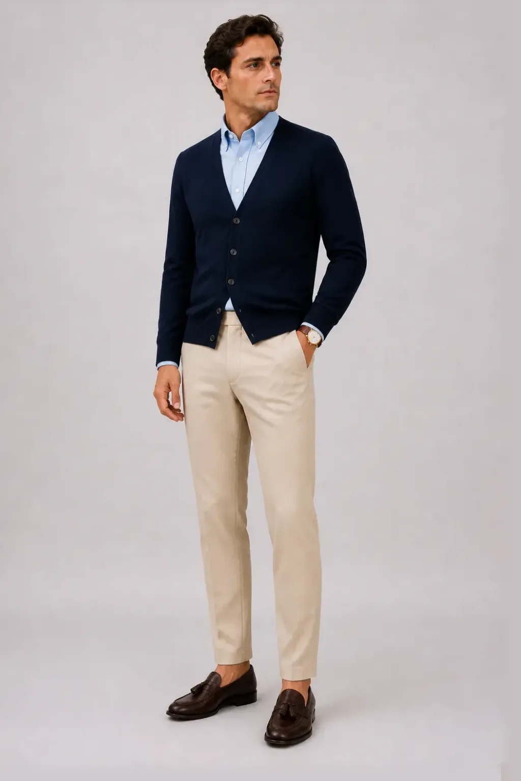 Cardigan Navy über Button-Down-Hemd, dazu Chino Beige und Penny Loafer — Tassel Loafer Dunkelbraun