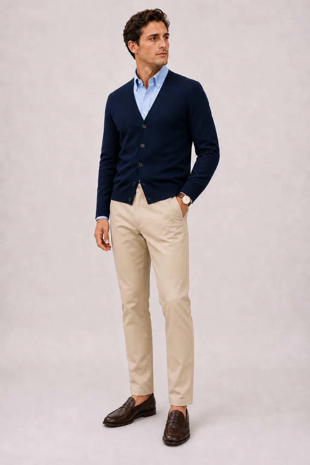 Cardigan Navy über Button-Down-Hemd, dazu Chino Beige und Penny Loafer