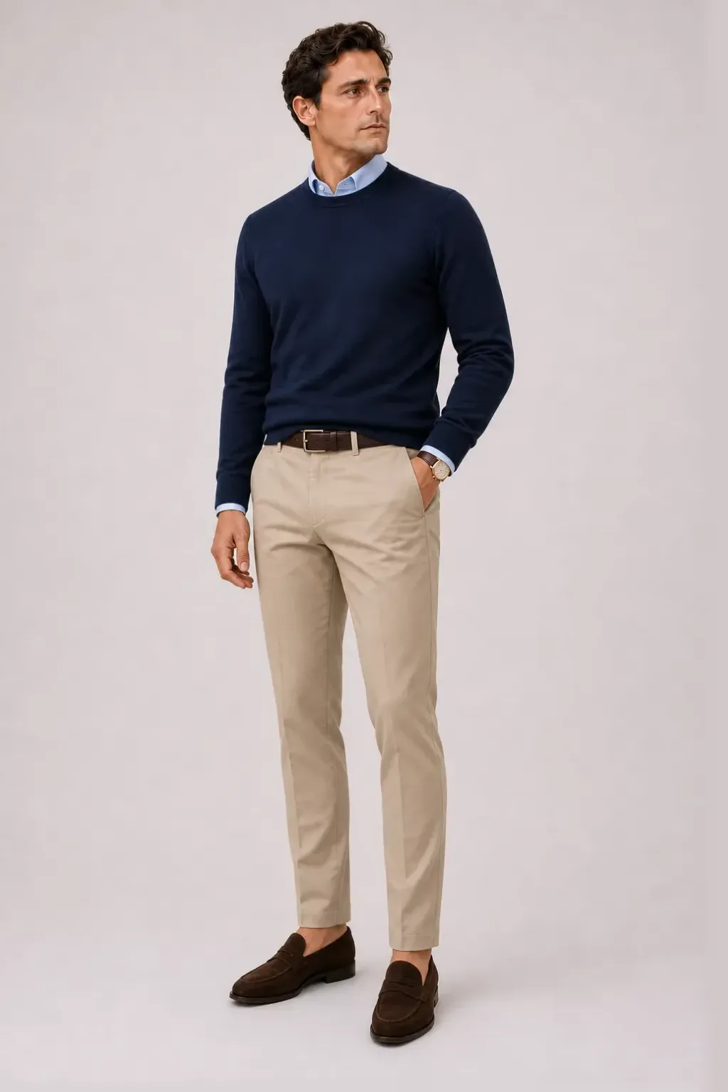 Crewneck-Pullover Feinstrick Navy über Button-Down-Hemd, dazu Chino Beige und Penny Loafer Wildleder
