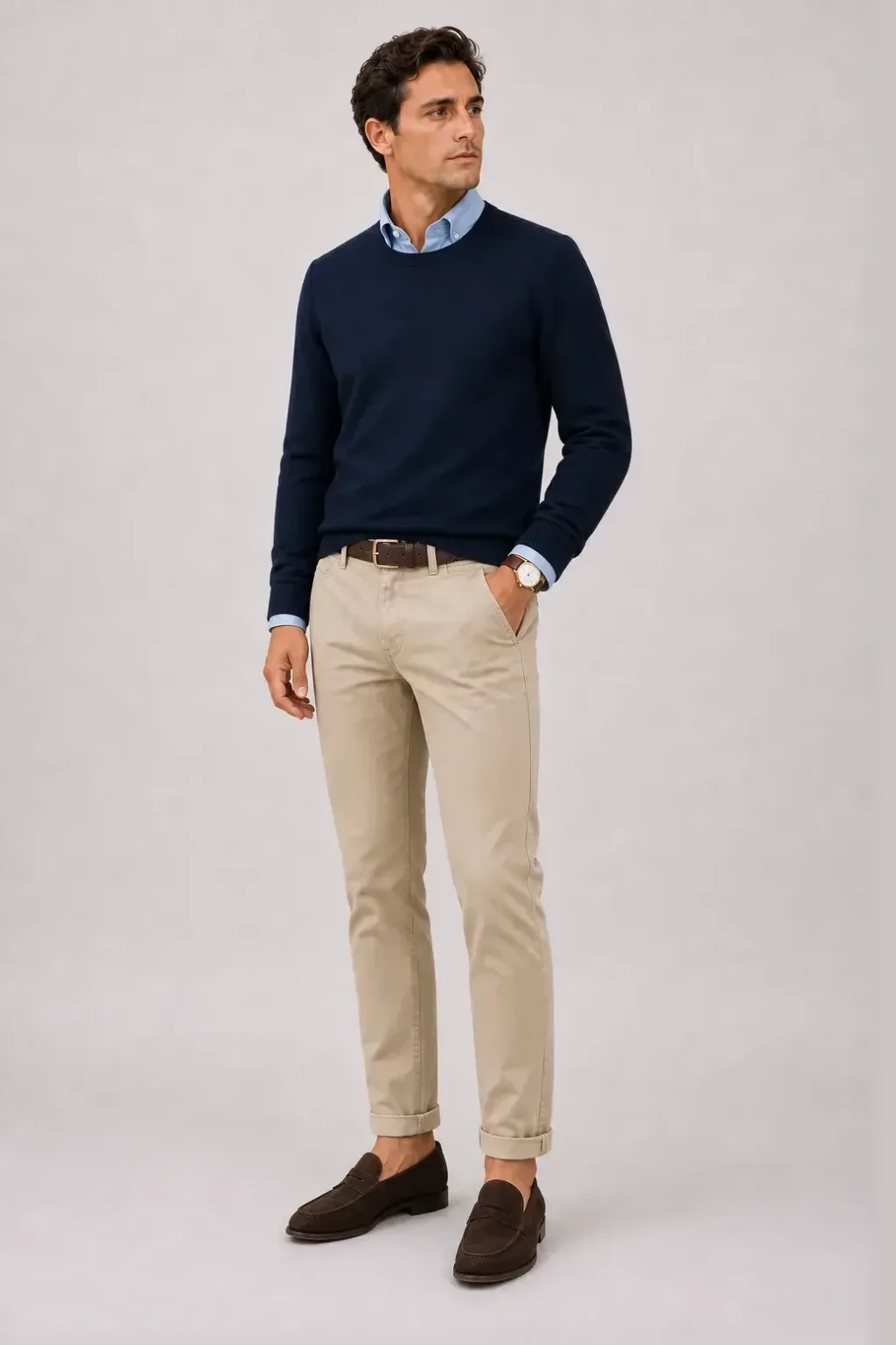 Crewneck-Pullover Feinstrick Navy über Button-Down-Hemd, dazu Chino Beige und Penny Loafer Wildleder — Denim-Hemd Hellblau
