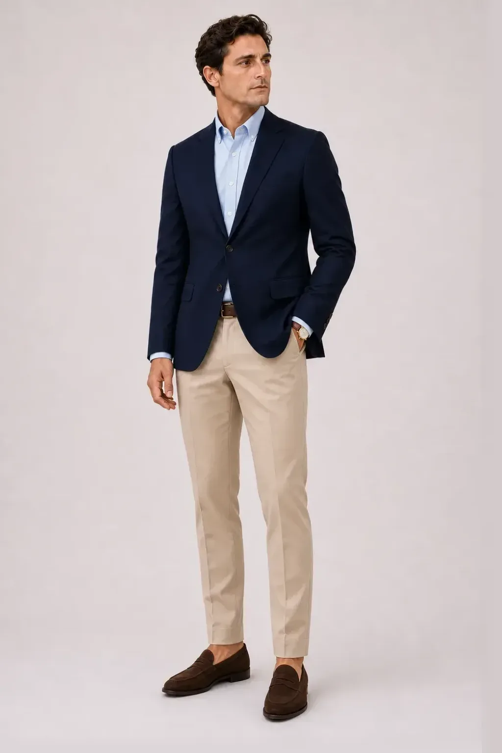 Sakko Navy über Button-Down-Hemd, dazu Chino Beige und Penny Loafer Wildleder