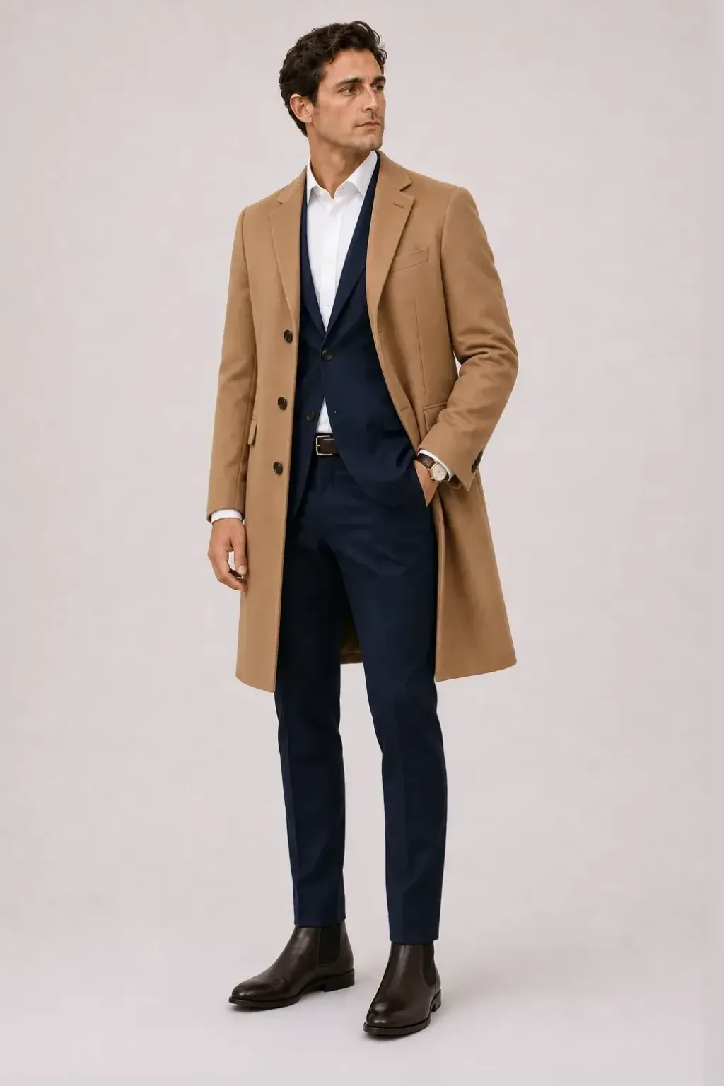 Langer Mantel Camel über Sakko, dazu Chino Navy und Chelsea Boot