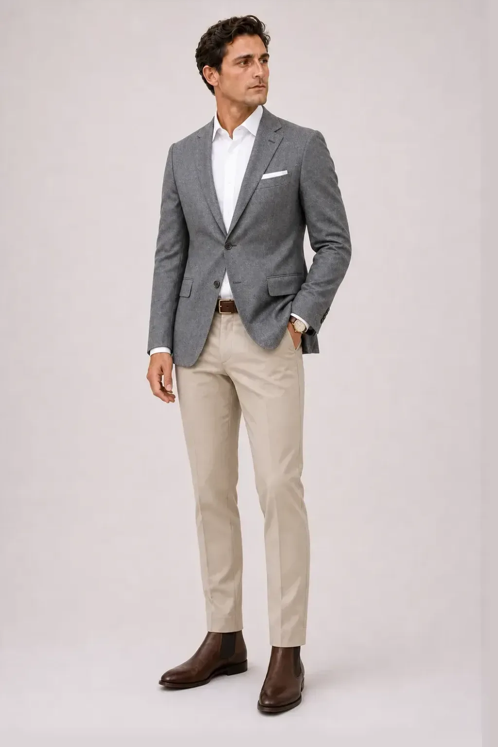 Sakko Mittelgrau über Business-Hemd, dazu Chino Beige und Chelsea Boot