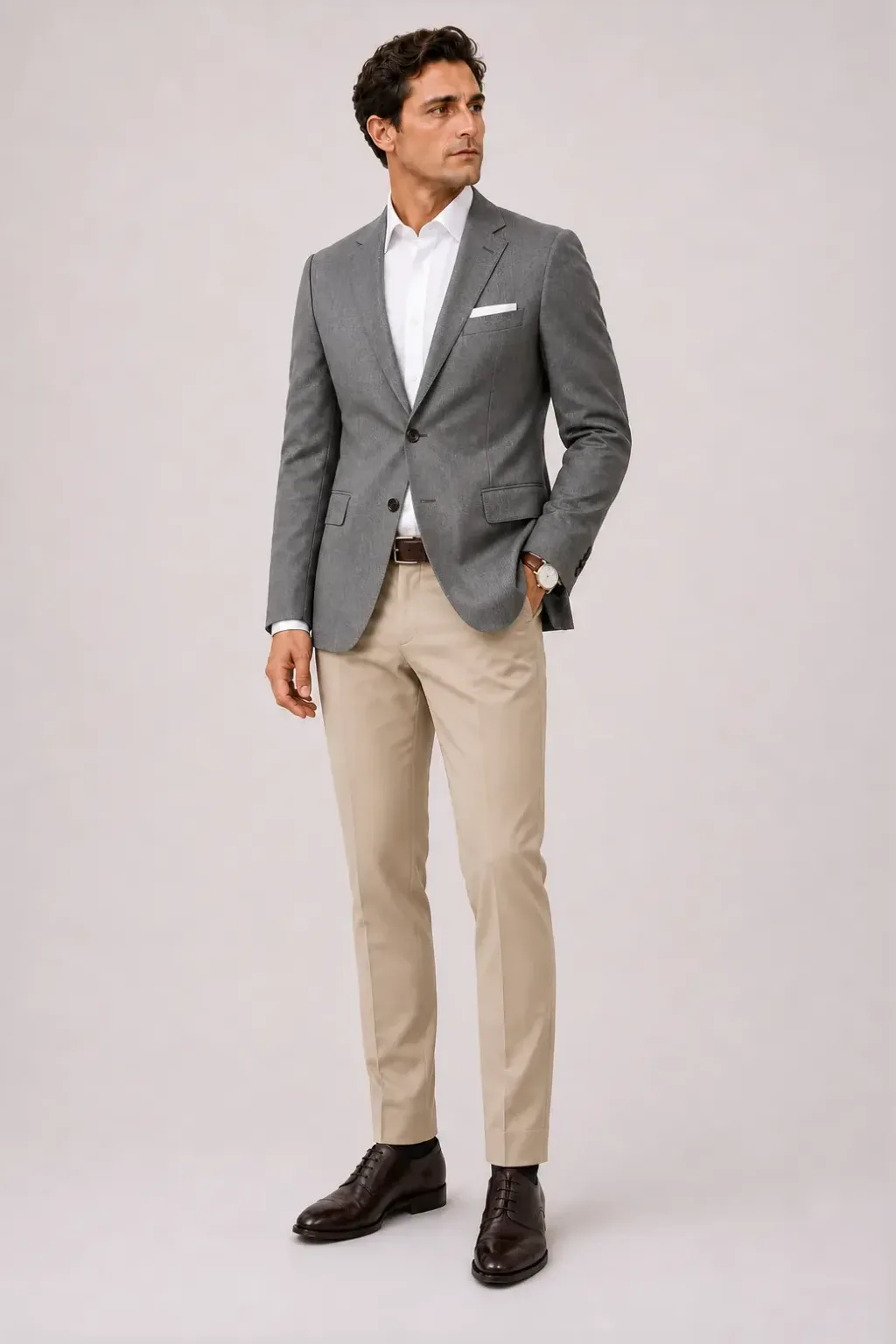Sakko Mittelgrau über Business-Hemd, dazu Chino Beige und Chelsea Boot — Derby Dunkelbraun