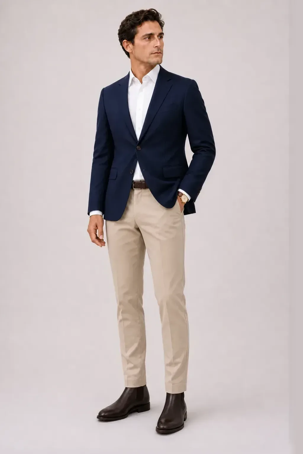 Sakko Navy über Business-Hemd, dazu Chino Beige und Chelsea Boot
