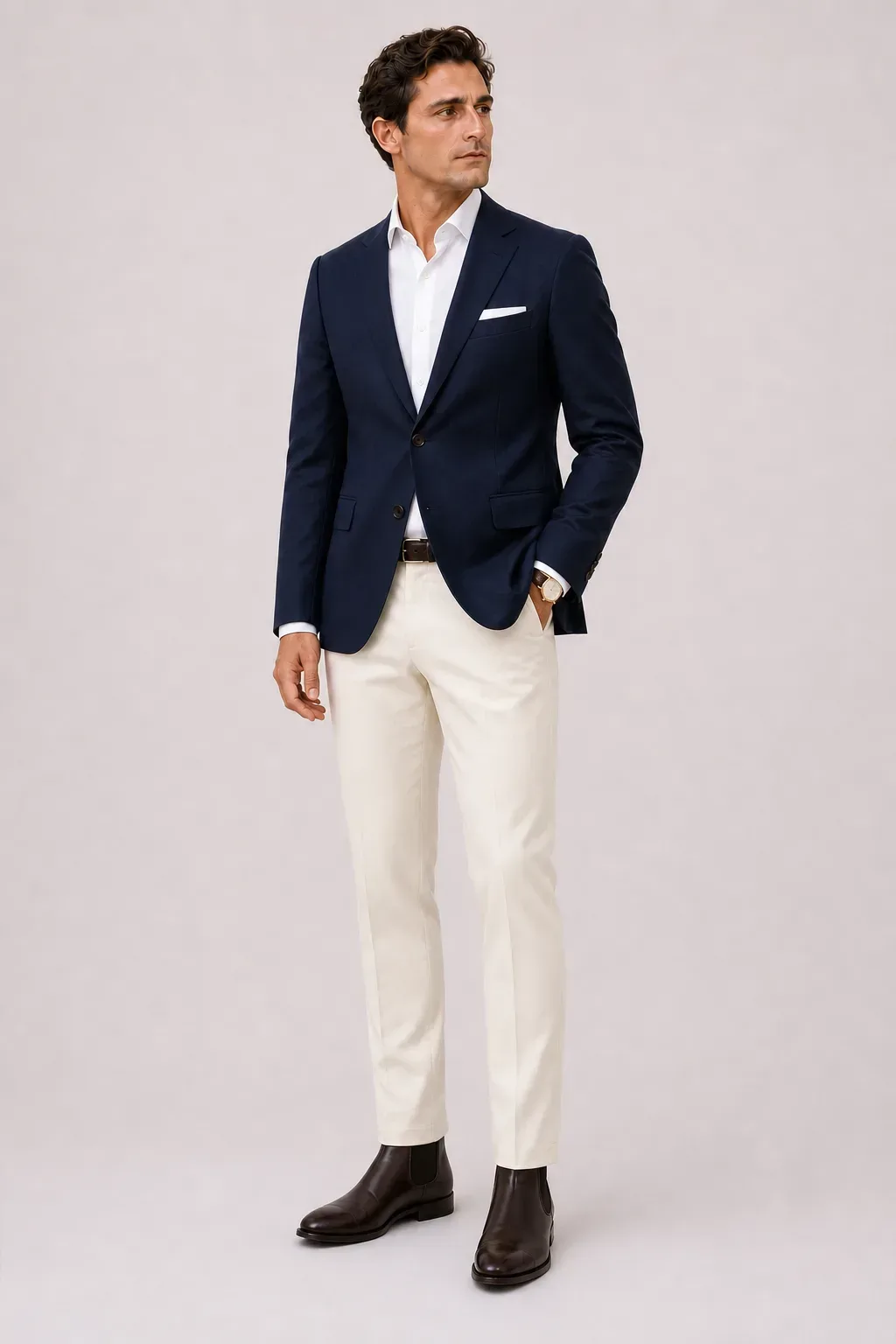 Sakko Navy über Business-Hemd, dazu Chino Creme und Chelsea Boot