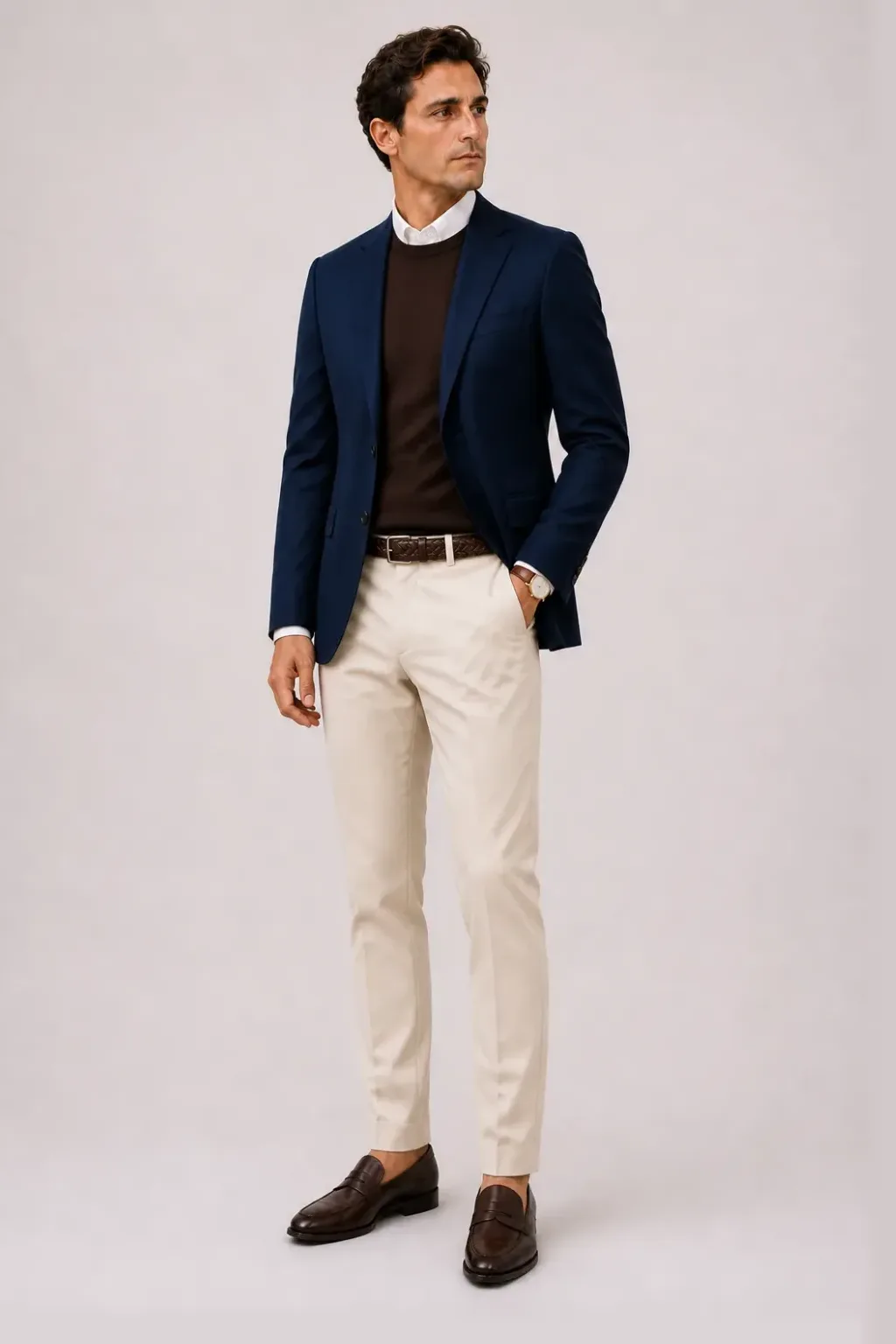 Sakko Navy über Crewneck-Pullover Feinstrick Schokobraun und Button-Down-Hemd Weiss, dazu Chino Creme und Penny Loafer