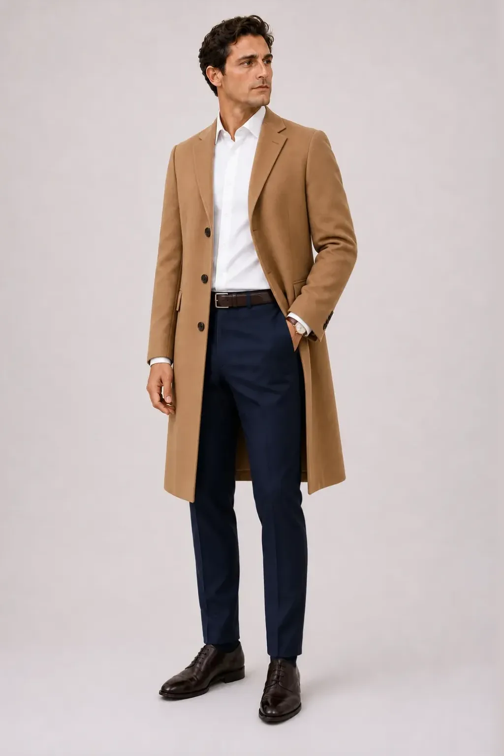 Langer Mantel Camel über Business-Hemd Weiss, dazu Anzughose Wolle Navy und Derby