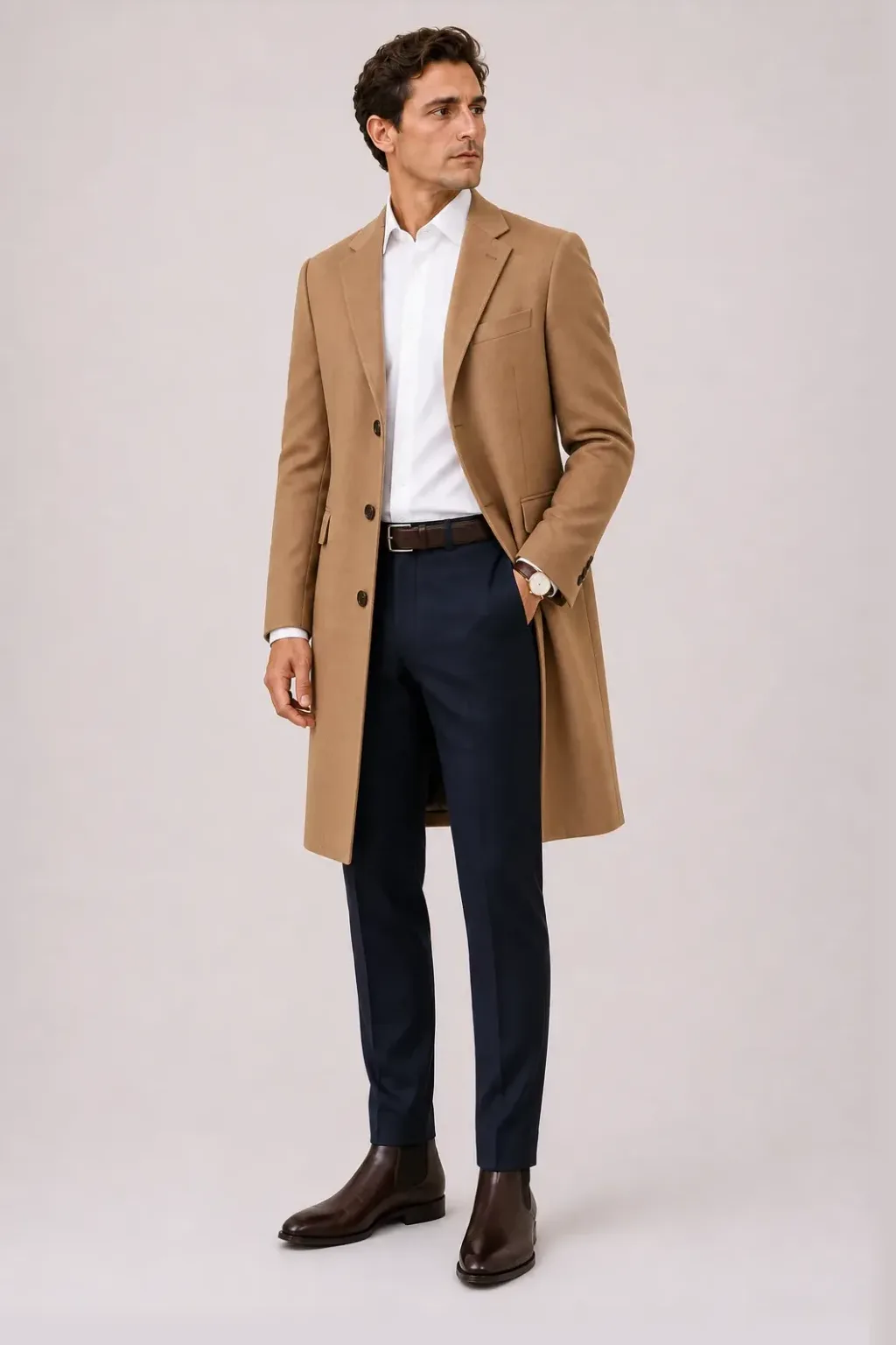 Langer Mantel Camel über Business-Hemd Weiss, dazu Anzughose Wolle Navy und Derby