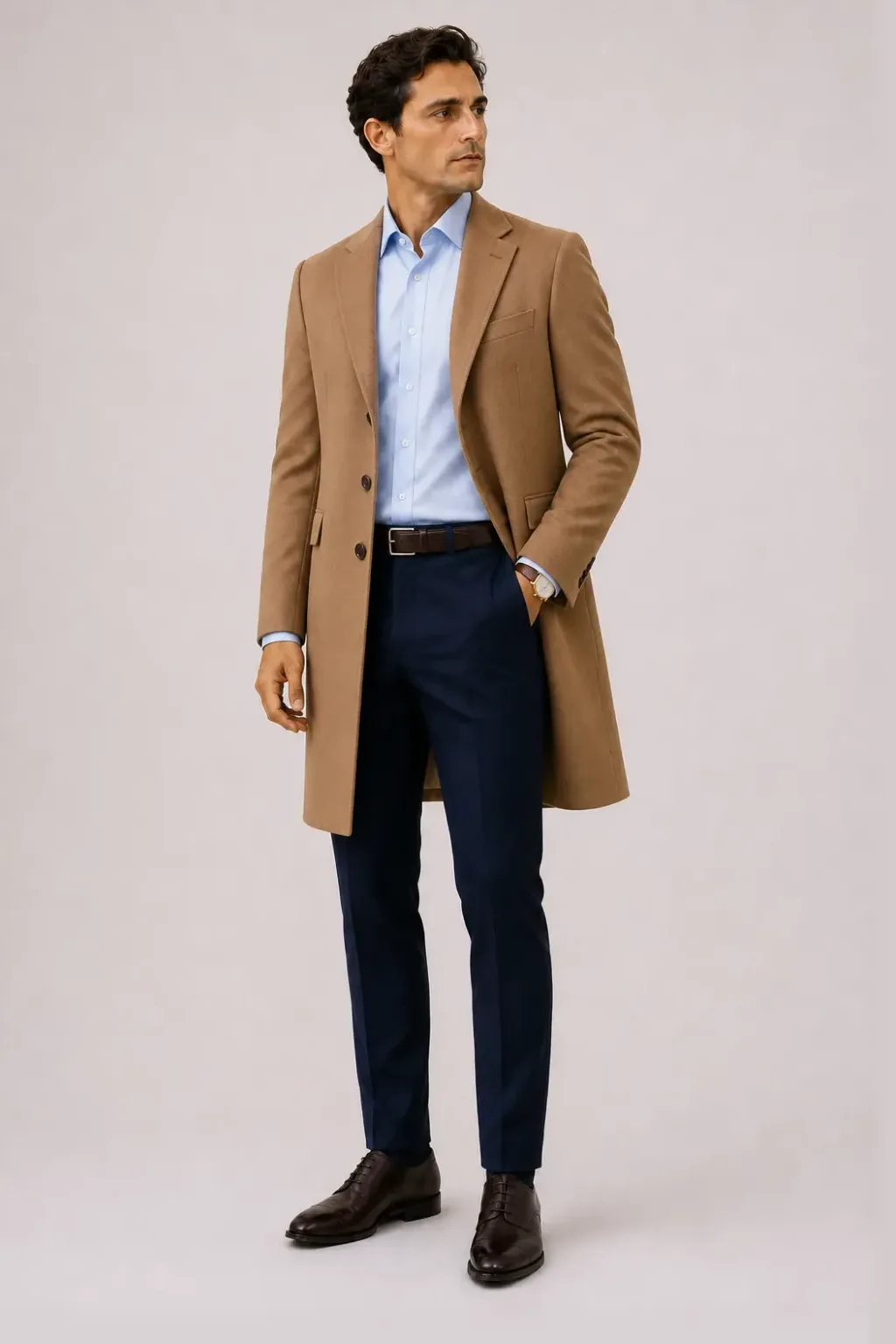 Langer Mantel Camel über Sakko Navy und Business-Hemd Weiss, dazu Anzughose Wolle Navy und Derby — Business-Hemd Hellblau