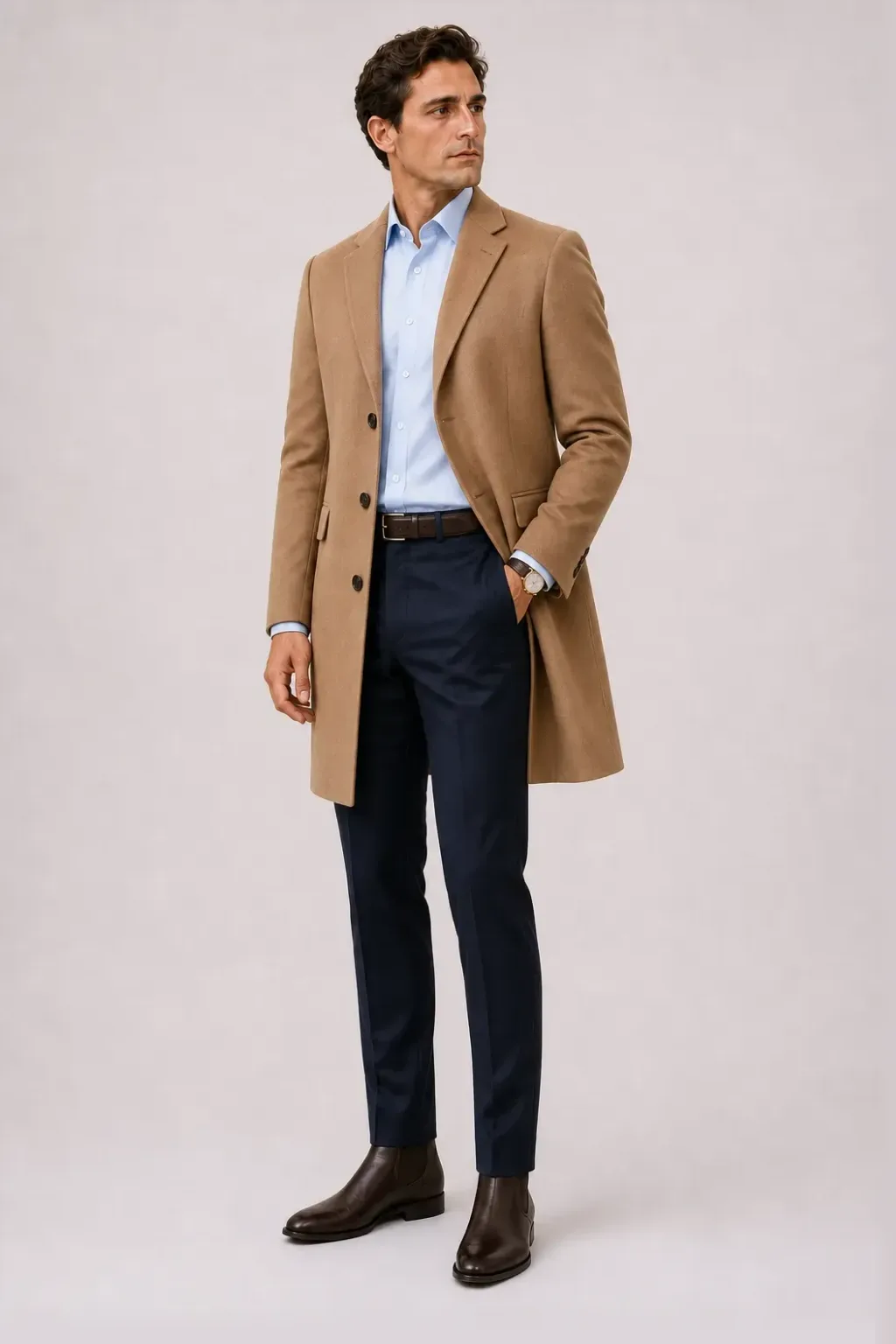 Langer Mantel Camel über Business-Hemd Hellblau, dazu Anzughose Wolle Navy und Derby