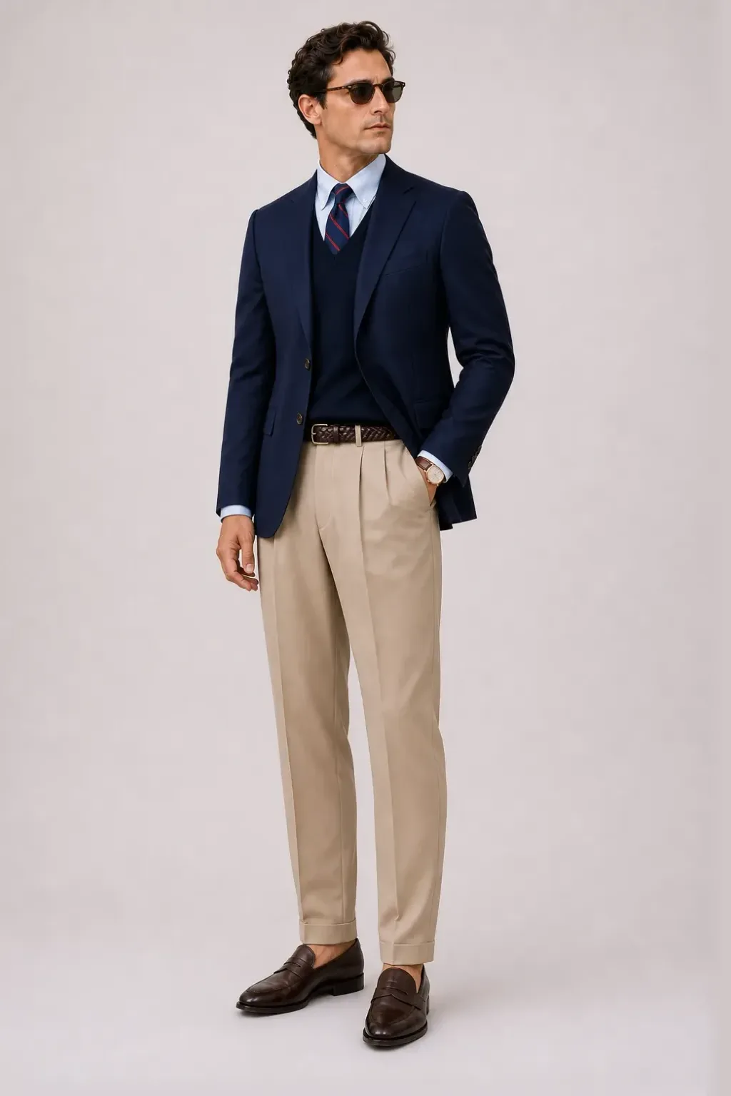 Sakko Navy über V-Neck-Pullover Feinstrick, dazu Bundfaltenhose Beige und Penny Loafer