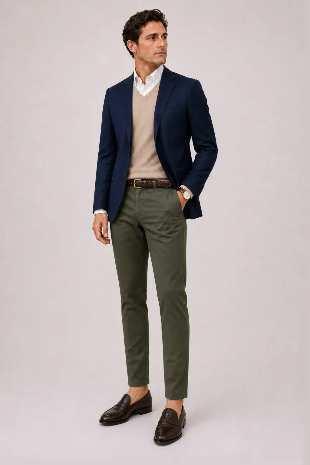 Sakko Navy über V-Neck-Pullover Feinstrick Beige und Button-Down-Hemd Weiss, dazu Chino Oliv und Penny Loafer