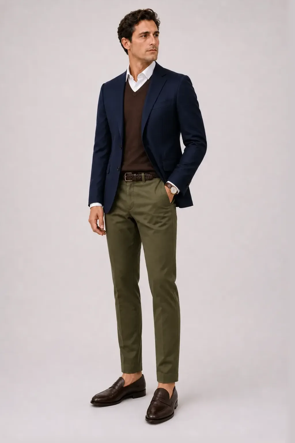 Sakko Navy über V-Neck-Pullover Feinstrick Schokobraun und Button-Down-Hemd Weiss, dazu Chino Oliv und Penny Loafer