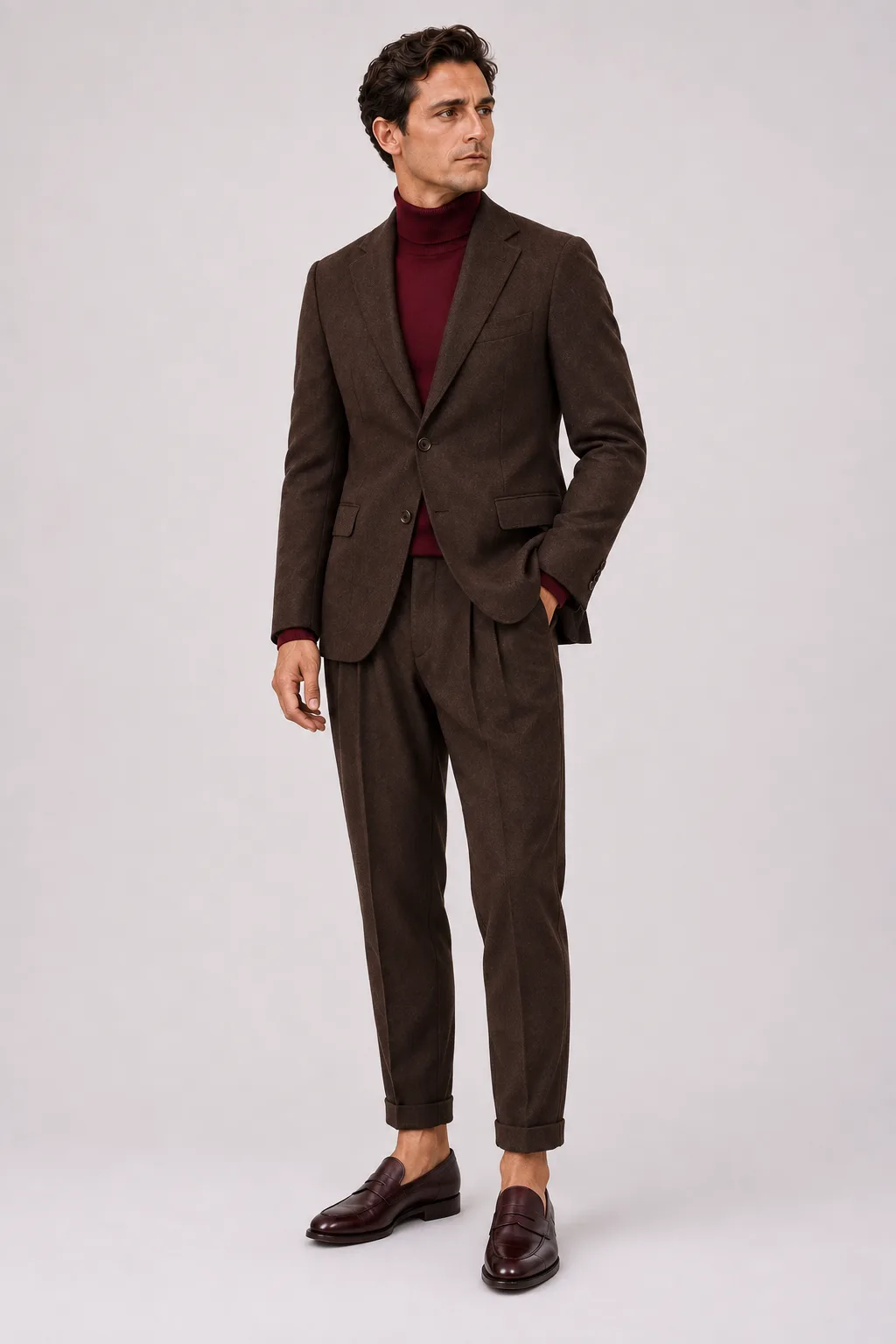 Woll-Sakko Schokobraun über Rollkragenpullover, dazu Bundfaltenhose Schokobraun und Penny Loafer