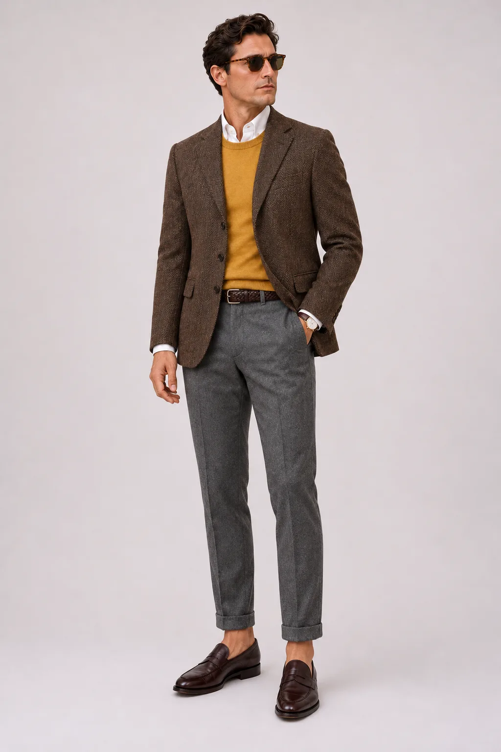 Tweed Sakko Tabakbraun über Crewneck-Pullover Feinstrick, dazu Flanellhose Mittelgrau und Penny Loafer