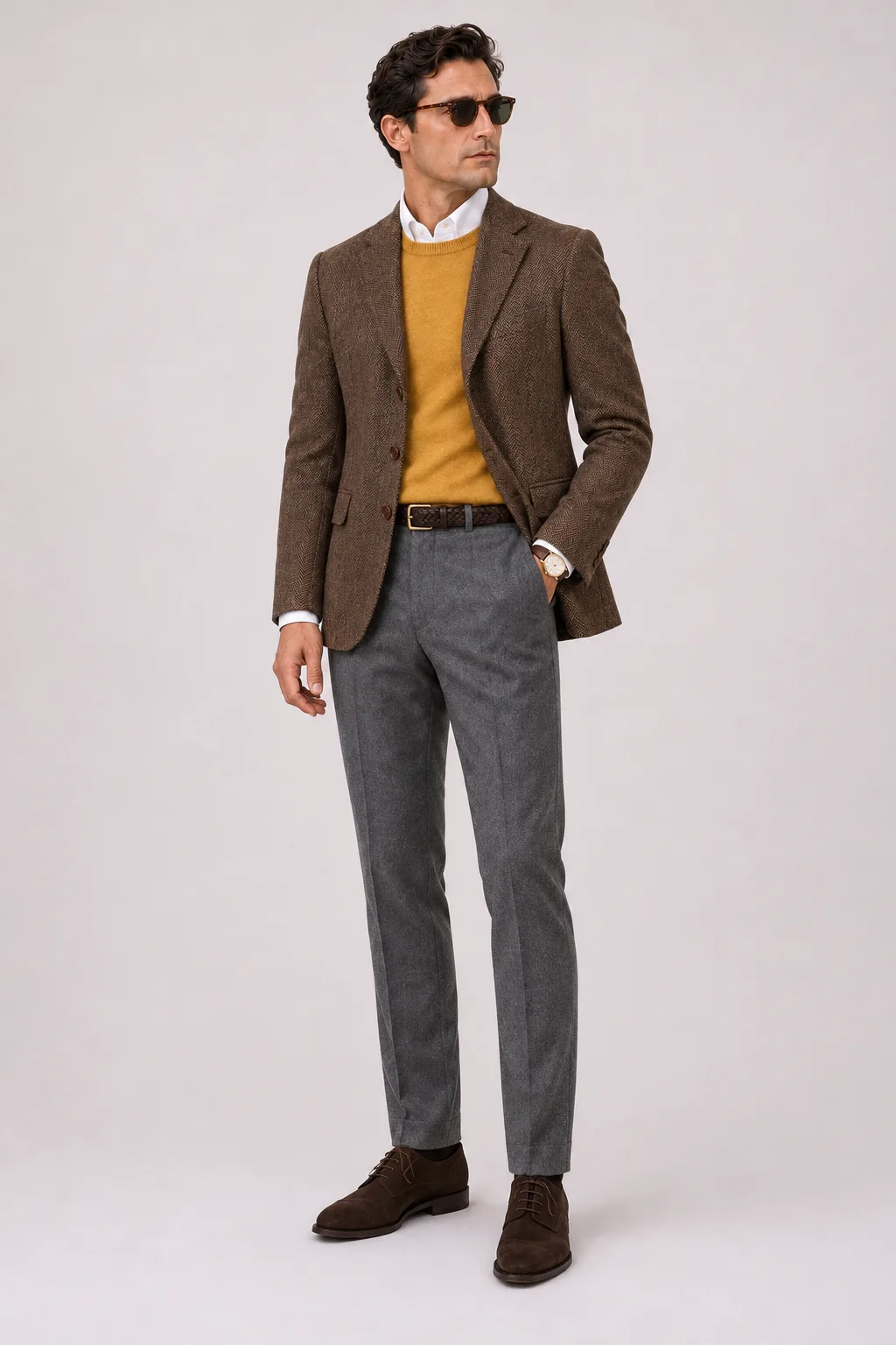 Tweed Sakko Tabakbraun über Crewneck-Pullover Feinstrick, dazu Flanellhose Mittelgrau und Penny Loafer — Derby Wildleder Dunkelbraun
