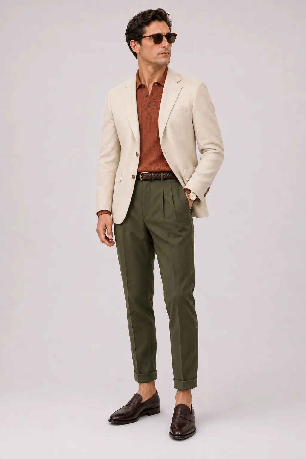 Woll-Sakko Creme über Strickpolo, dazu Bundfaltenhose Oliv und Penny Loafer