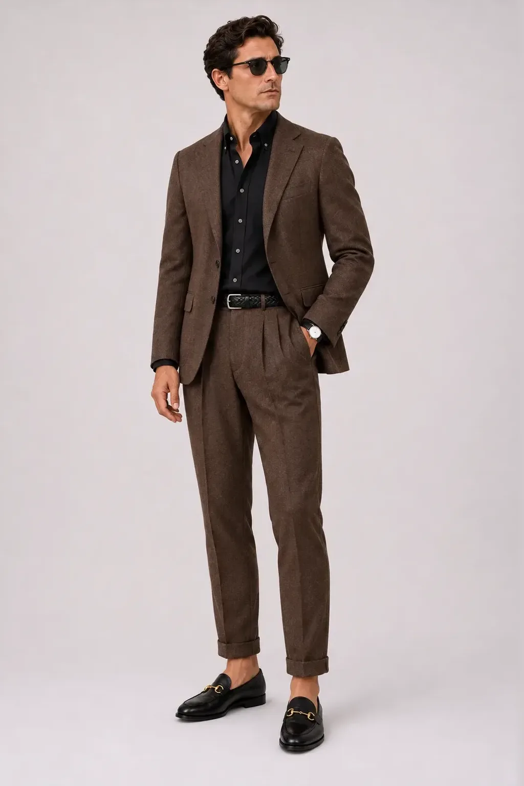 Woll-Sakko Walnuss über Button-Down-Hemd, dazu Bundfaltenhose Walnuss und Horsebit Loafer