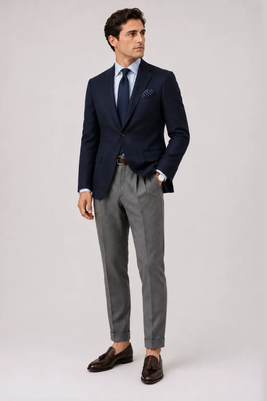 Woll-Sakko Navy über Streifenhemd, dazu Bundfaltenhose Mittelgrau und Tassel Loafer