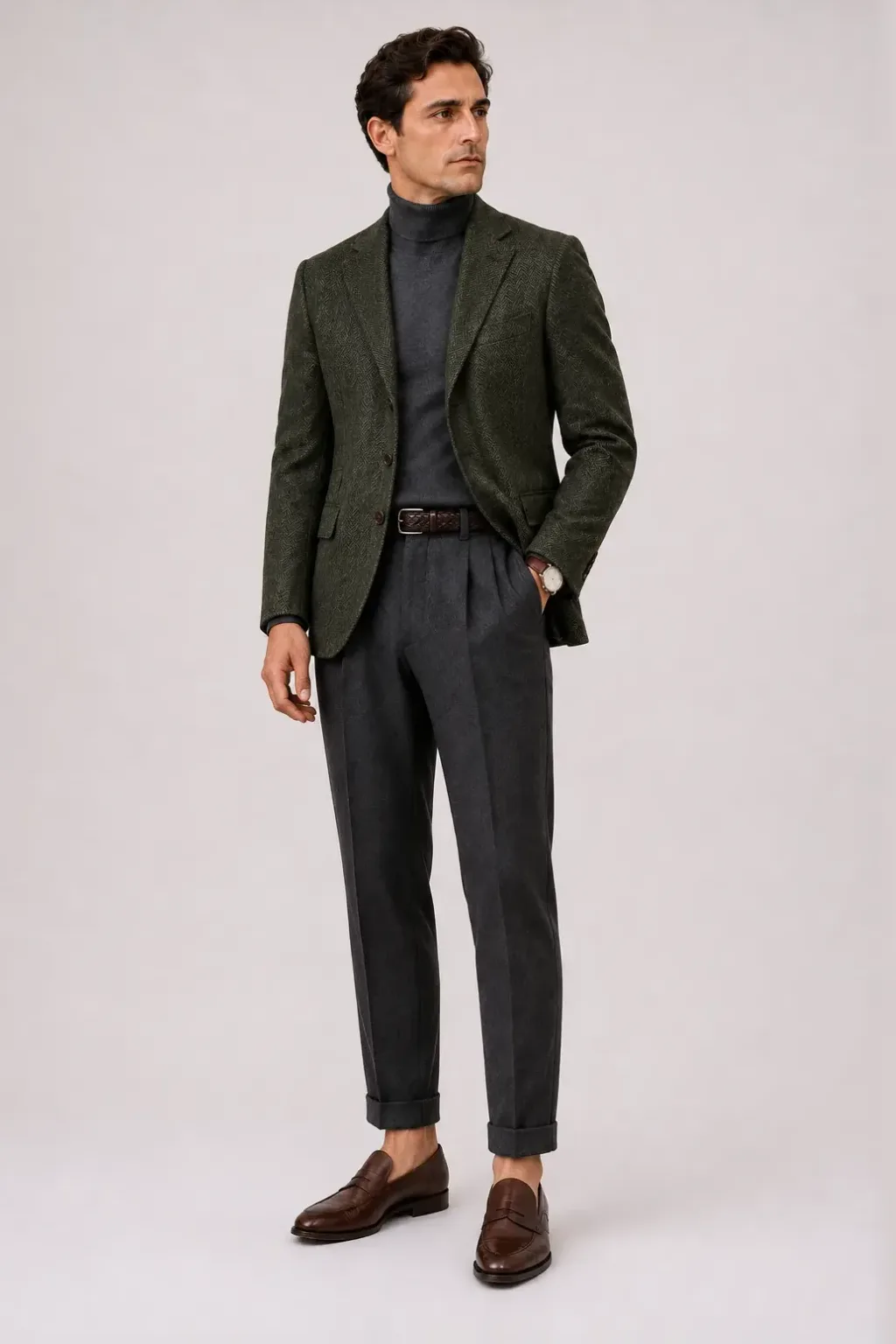 Tweed Sakko Dunkelgrün über Rollkragenpullover, dazu Bundfaltenhose Dunkelgrau und Penny Loafer