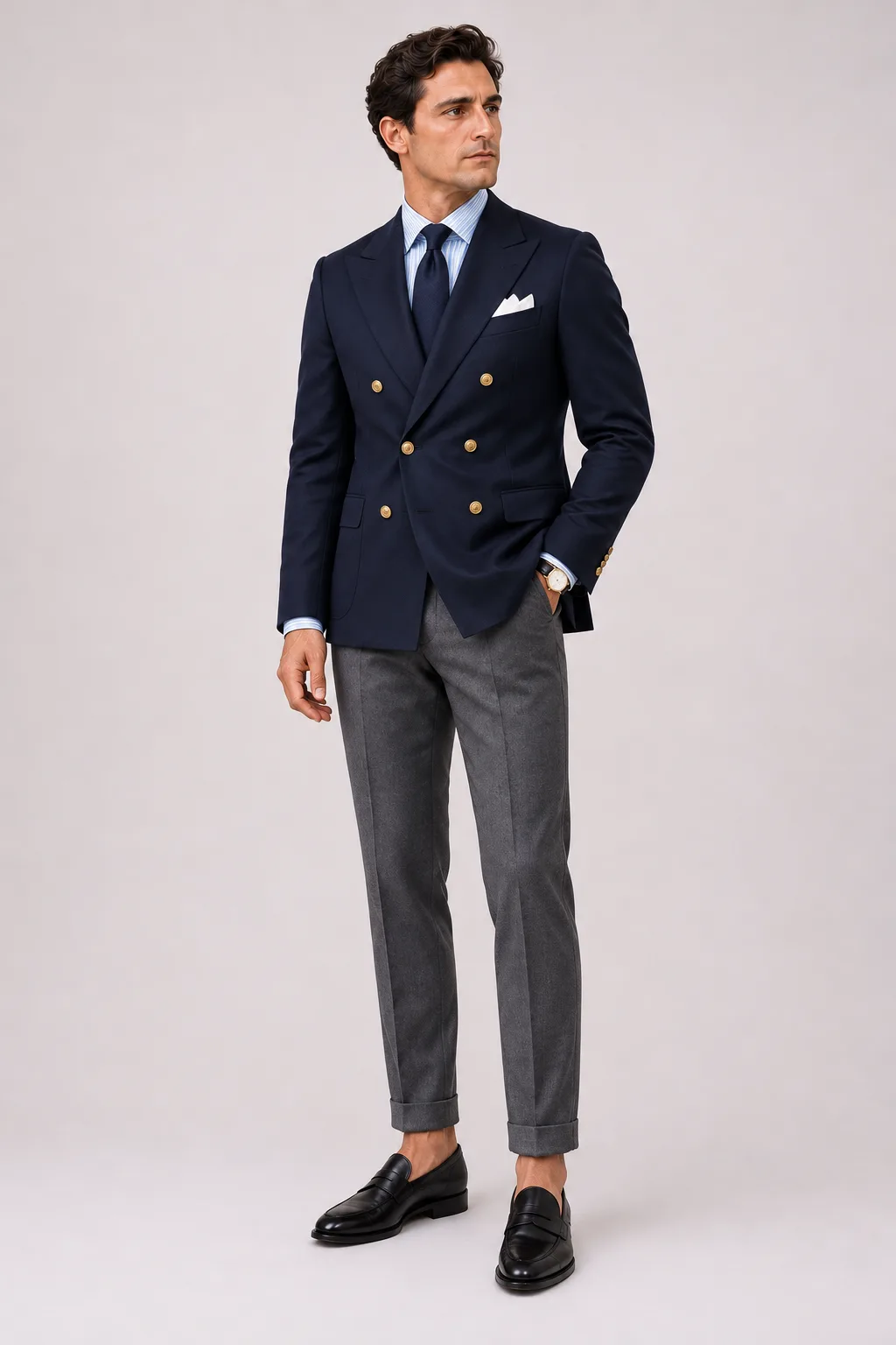 Zweireihiger Blazer Navy über Streifenhemd, dazu Anzughose Wolle Mittelgrau und Penny Loafer