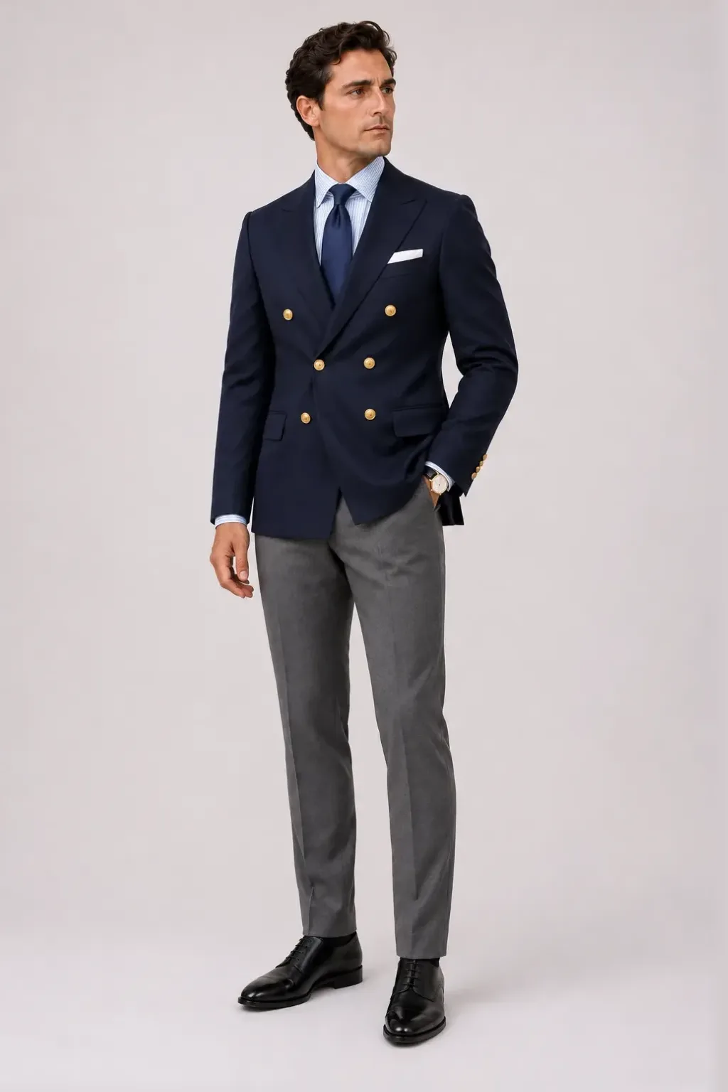 Zweireihiger Blazer Navy über Streifenhemd, dazu Anzughose Wolle Mittelgrau und Penny Loafer — Oxford Schwarz