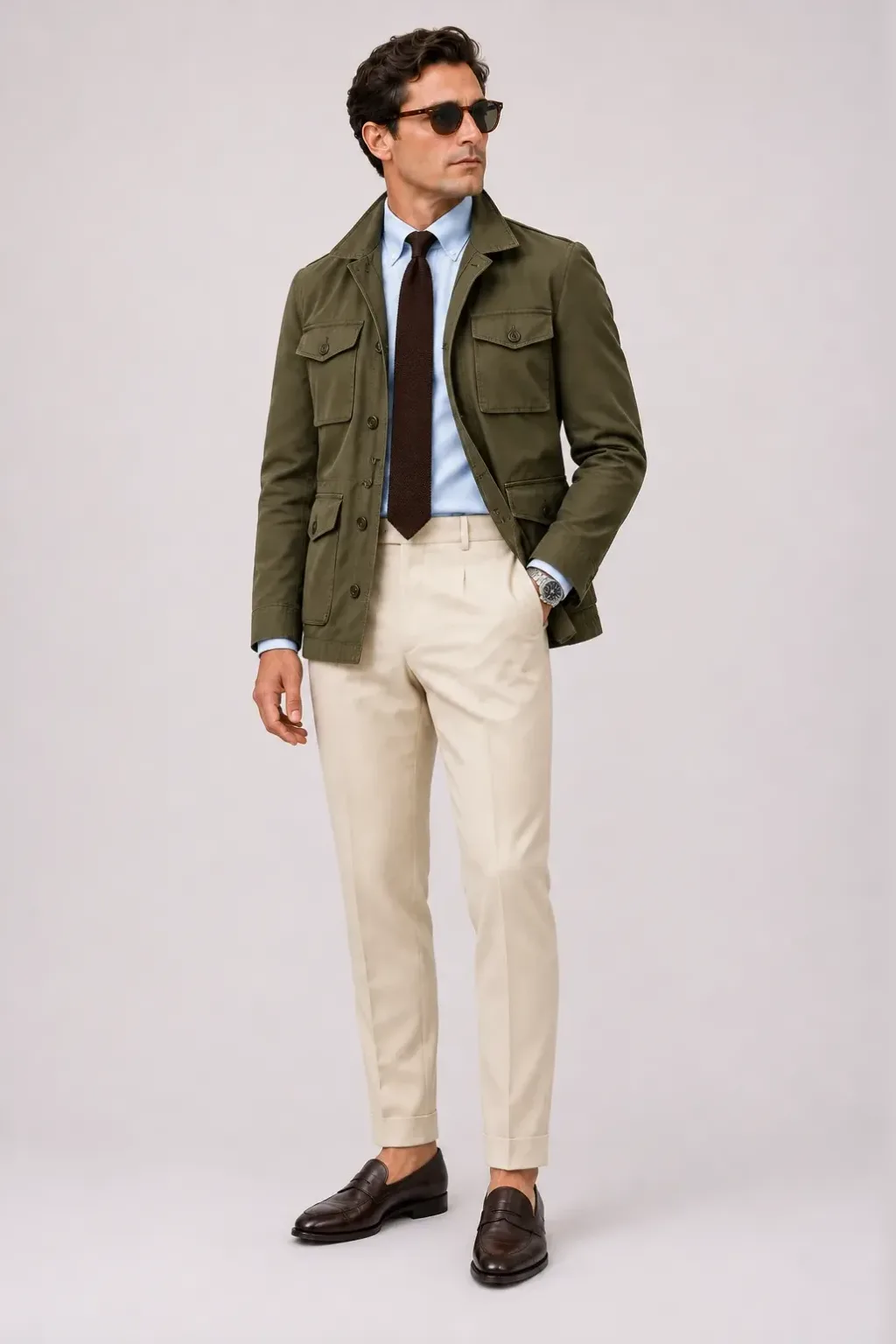 Field Jacket Oliv über Button-Down-Hemd, dazu Anzughose Wolle Creme und Penny Loafer