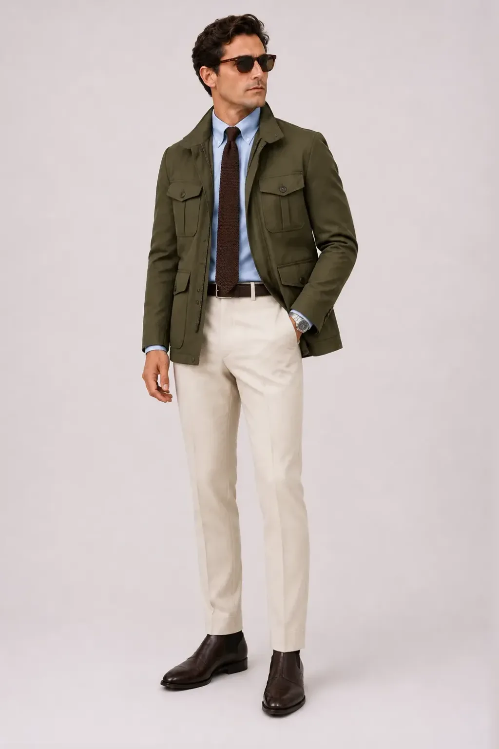 Field Jacket Oliv über Button-Down-Hemd, dazu Anzughose Wolle Creme und Penny Loafer — Chelsea Boot Dunkelbraun