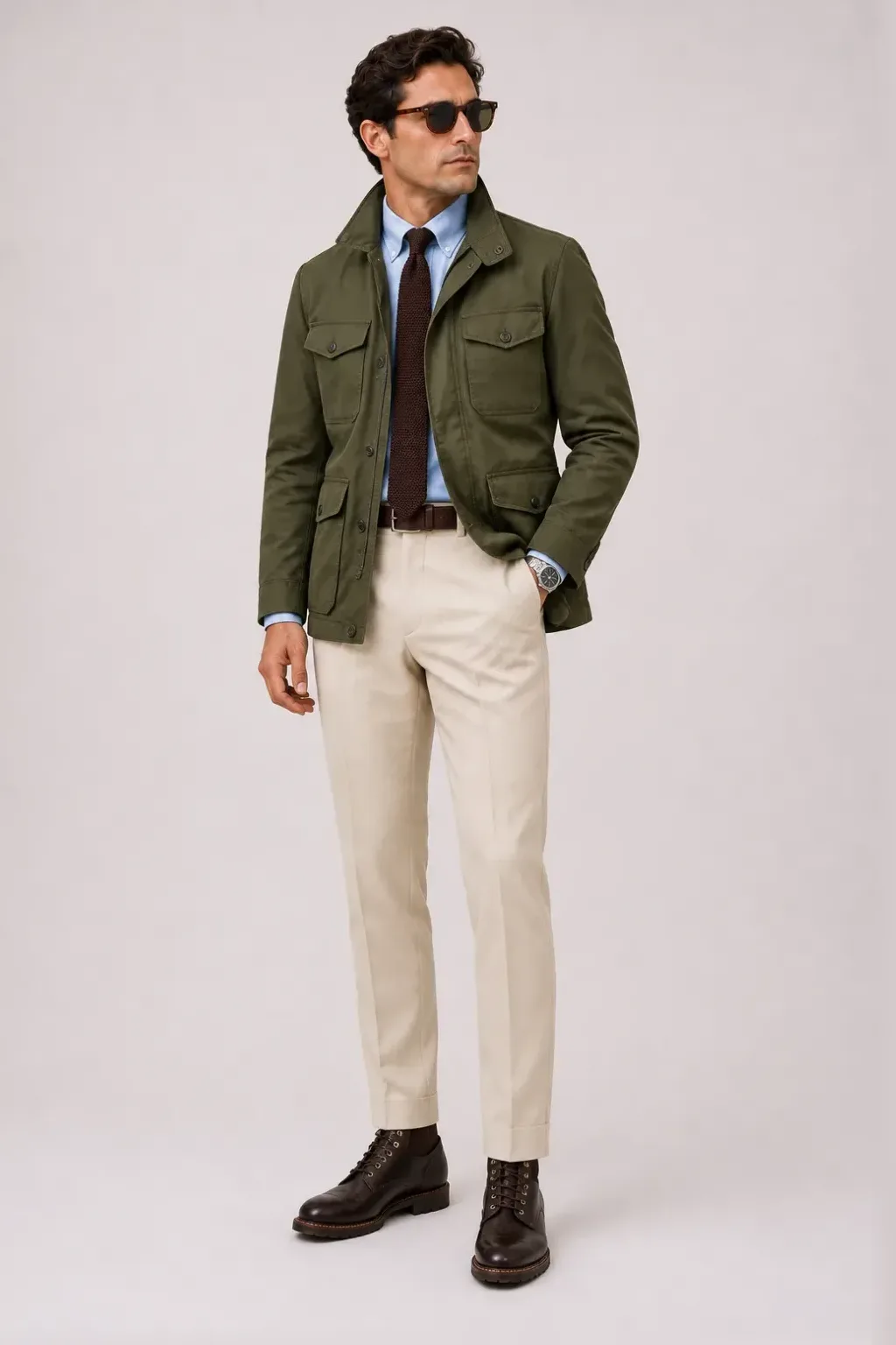 Field Jacket Oliv über Button-Down-Hemd, dazu Anzughose Wolle Creme und Penny Loafer — Work Boot Dunkelbraun