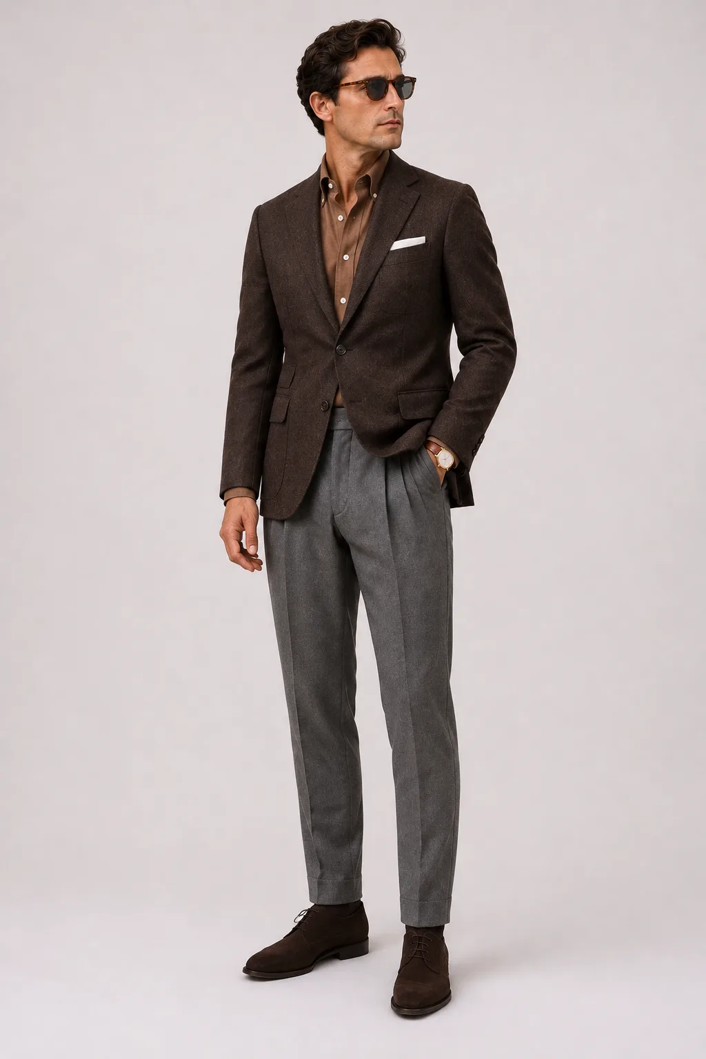 Woll-Sakko Dunkelbraun über Button-Down-Hemd, dazu Bundfaltenhose Mittelgrau und Chukka Boot