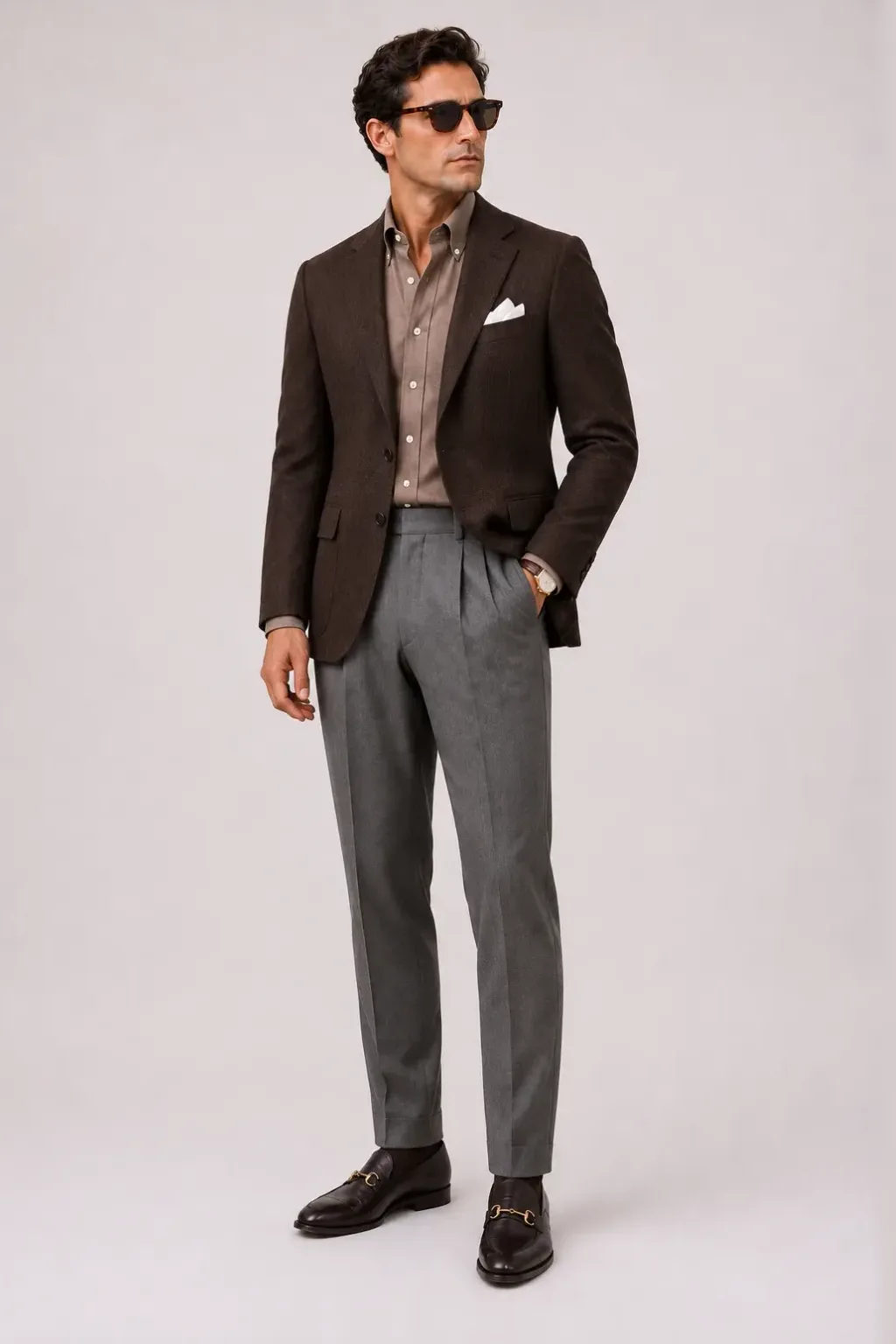 Woll-Sakko Dunkelbraun über Button-Down-Hemd, dazu Bundfaltenhose Mittelgrau und Chukka Boot — Horsebit Loafer Dunkelbraun