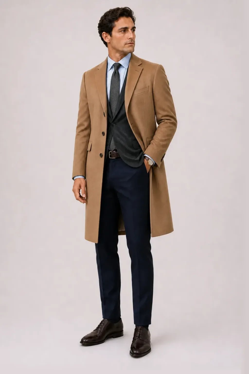 Langer Mantel Camel über Sakko Navy und Business-Hemd Weiss, dazu Anzughose Wolle Navy und Derby — Sakko Dunkelgrau