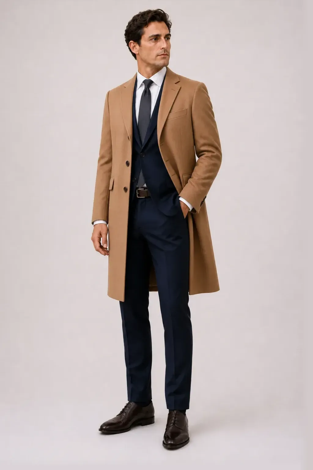 Langer Mantel Camel über Sakko Navy und Business-Hemd Weiss, dazu Anzughose Wolle Navy und Derby