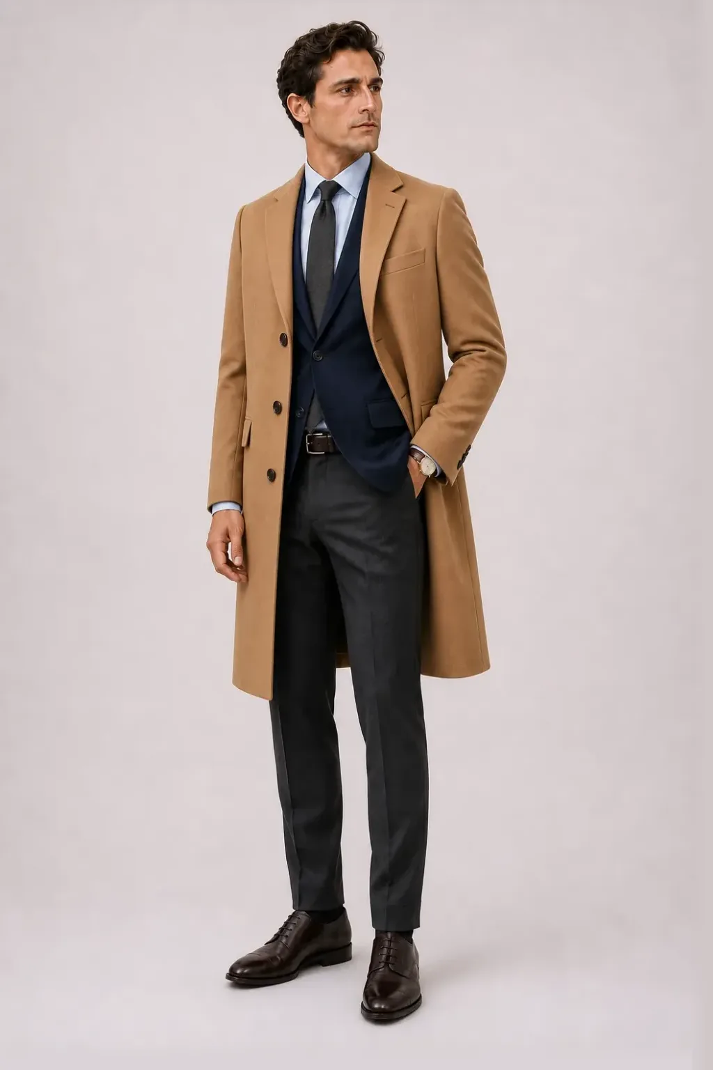 Langer Mantel Camel über Sakko Navy und Business-Hemd Hellblau, dazu Anzughose Wolle Dunkelgrau und Derby