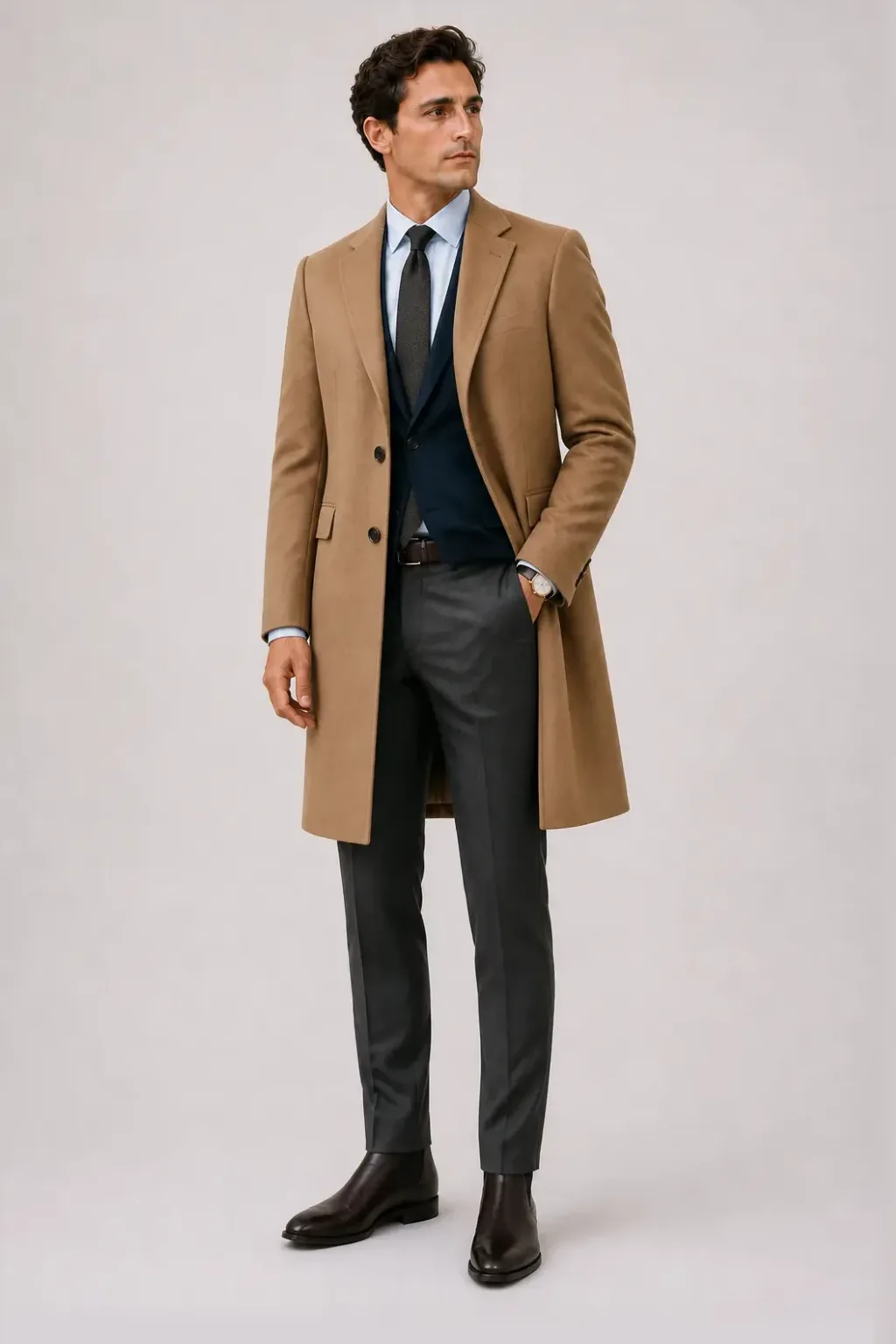 Langer Mantel Camel über Sakko Navy und Business-Hemd Hellblau, dazu Anzughose Wolle Dunkelgrau und Derby