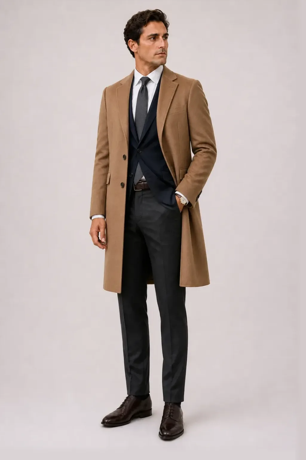 Langer Mantel Camel über Sakko Navy und Business-Hemd Weiss, dazu Anzughose Wolle Dunkelgrau und Derby