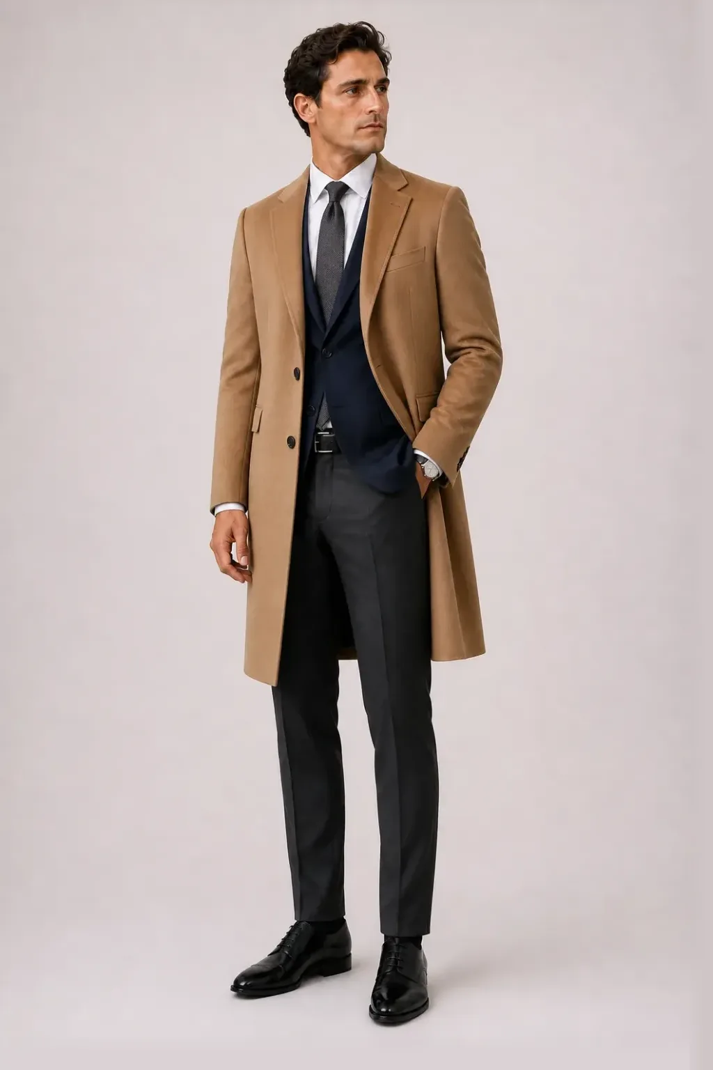 Langer Mantel Camel über Sakko Navy und Business-Hemd Weiss, dazu Anzughose Wolle Dunkelgrau und Derby
