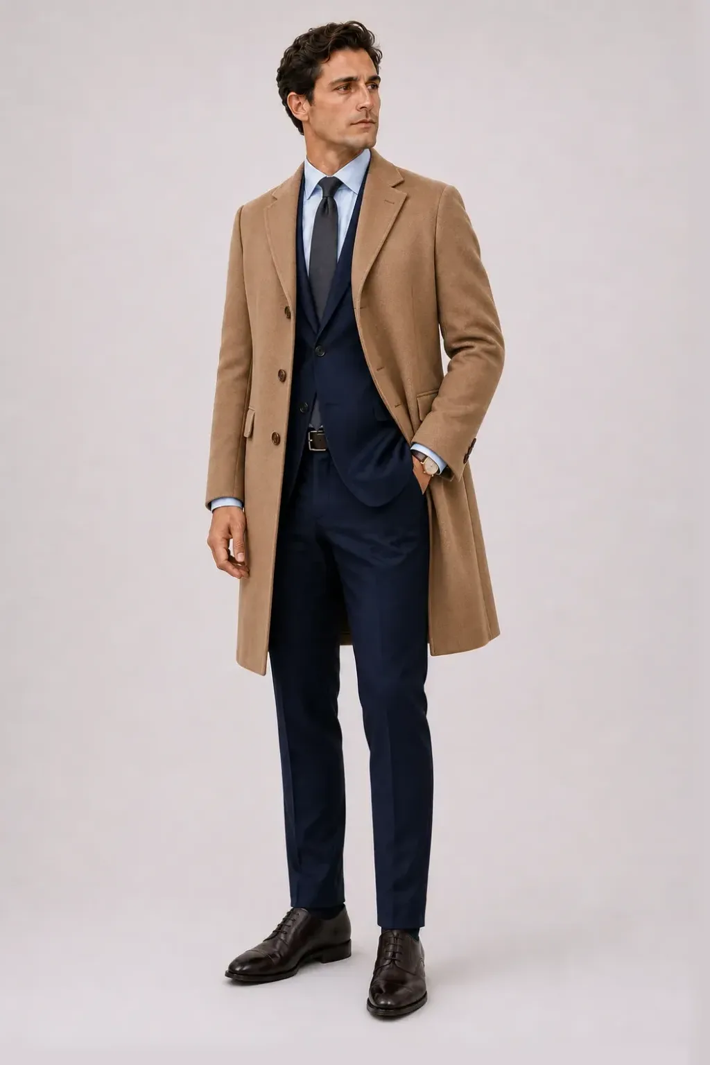 Langer Mantel Camel über Sakko Navy und Business-Hemd Hellblau, dazu Anzughose Wolle Navy und Derby
