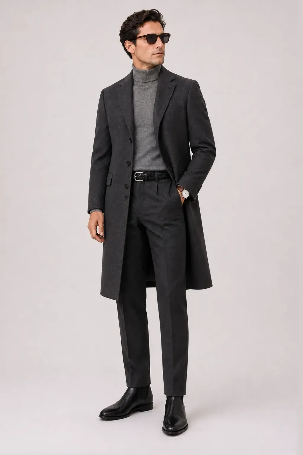 Langer Mantel Dunkelgrau über Rollkragenpullover, dazu Flanellhose Anthrazit und Chelsea Boot