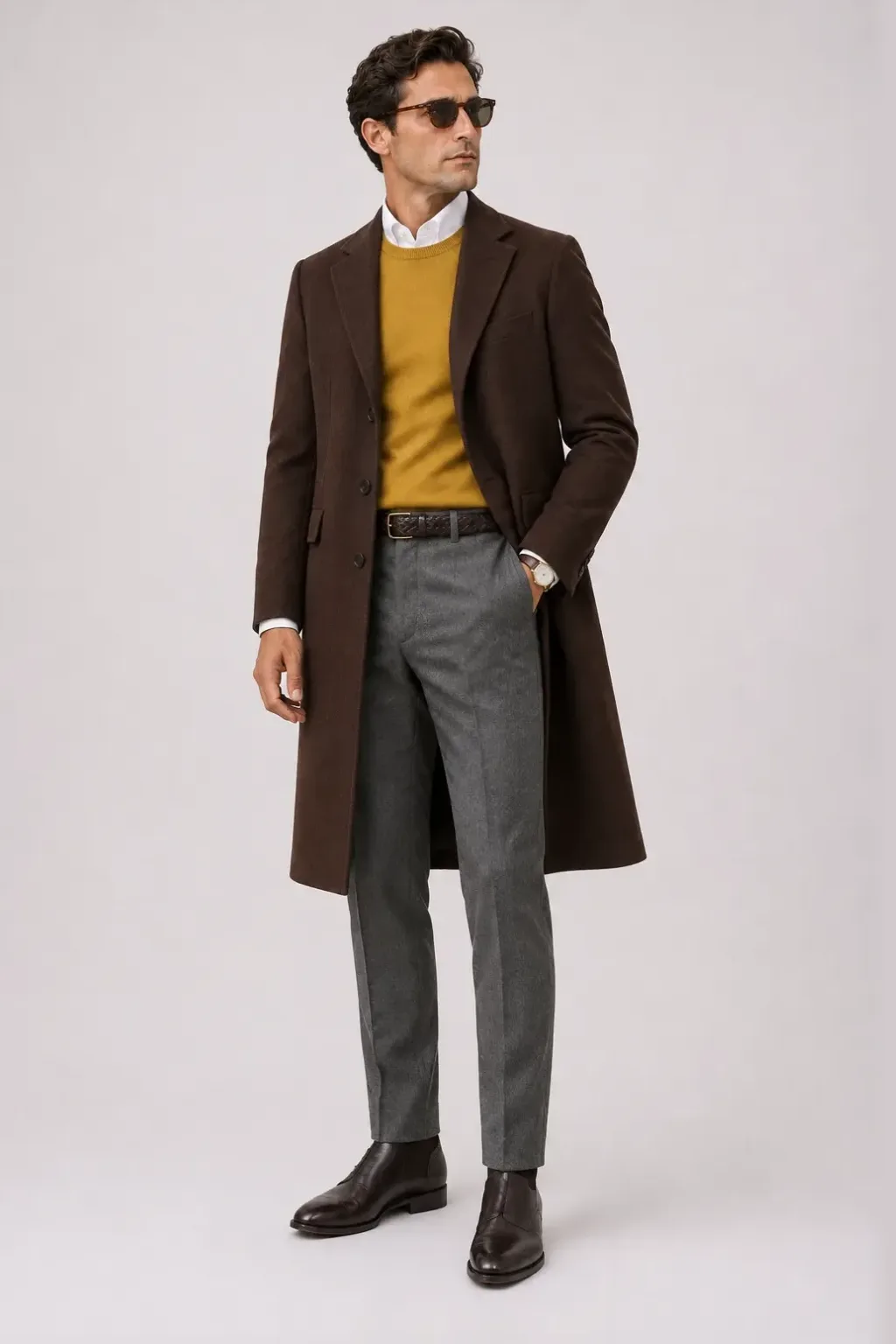 Langer Mantel Dunkelbraun über Crewneck-Pullover Feinstrick, dazu Flanellhose Mittelgrau und Chelsea Boot