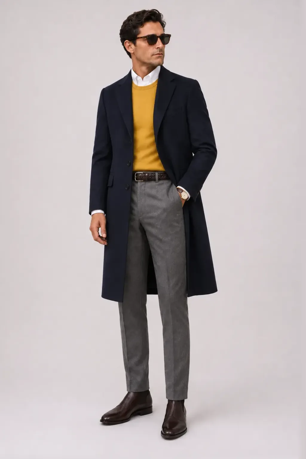 Langer Mantel Dunkelbraun über Crewneck-Pullover Feinstrick, dazu Flanellhose Mittelgrau und Chelsea Boot — Langer Mantel Navy
